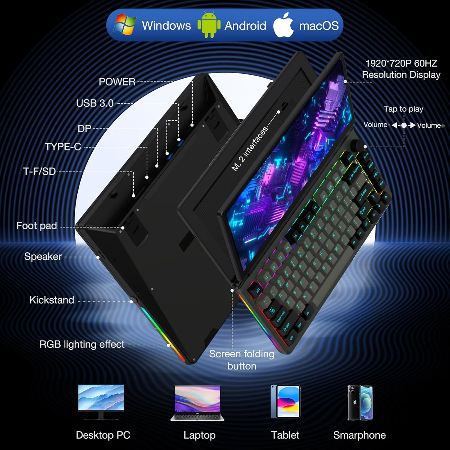 Kwumsy K3 – Teclado mecánico externo con pantalla táctil de 13 pulgadas, 82 teclas, plegable, de 0 a 90 grados, portátil, USB, con cable RGB,