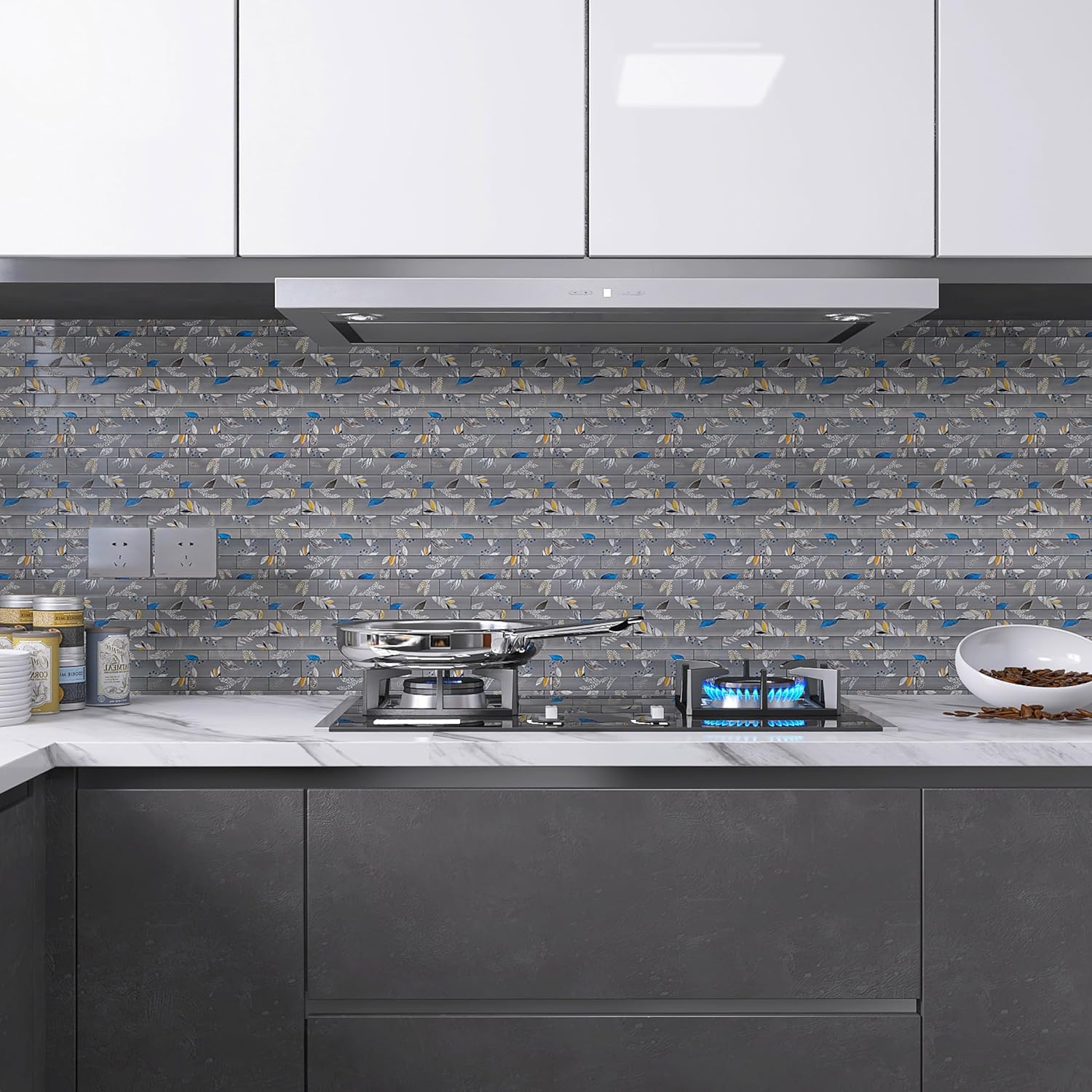 Azulejos para salpicaduras de cocina y baño  Azulejos de pared autoadhesivos de PVC con patrón de hojas irregulares  10 unidades (gris)