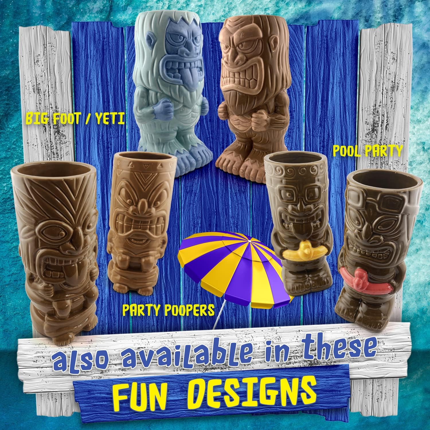 Tiki – Juego de tazas de cerámica para fiesta en la piscina, juego de 2 tazas coleccionables de Tiki Funky – Tazas de café, vasos tropicales para la