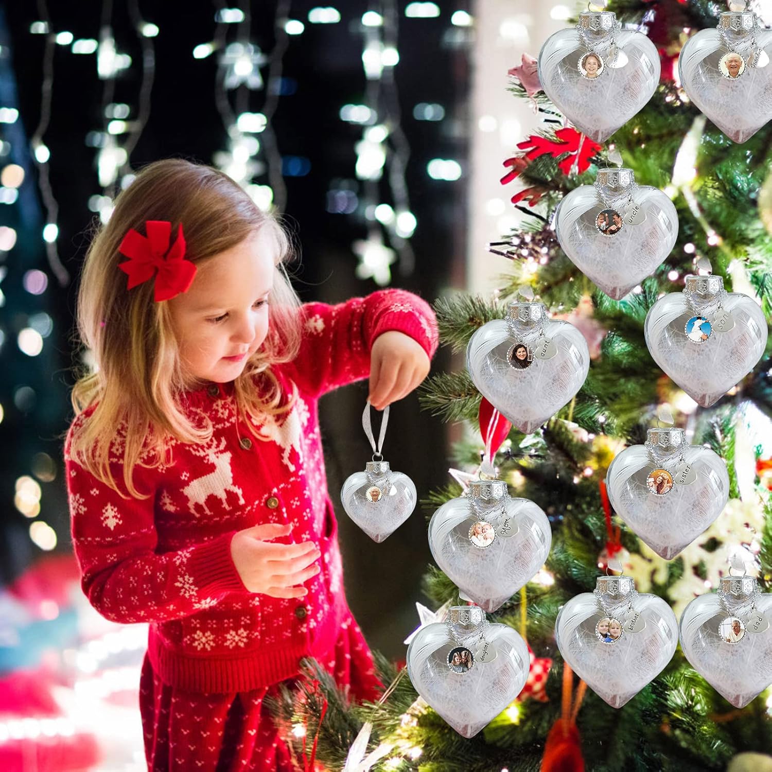 Adornos de bola personalizados, árbol colgante de bola de fotos personalizada, bolas de decoración de Navidad, bola de adornos rellenables de plumas