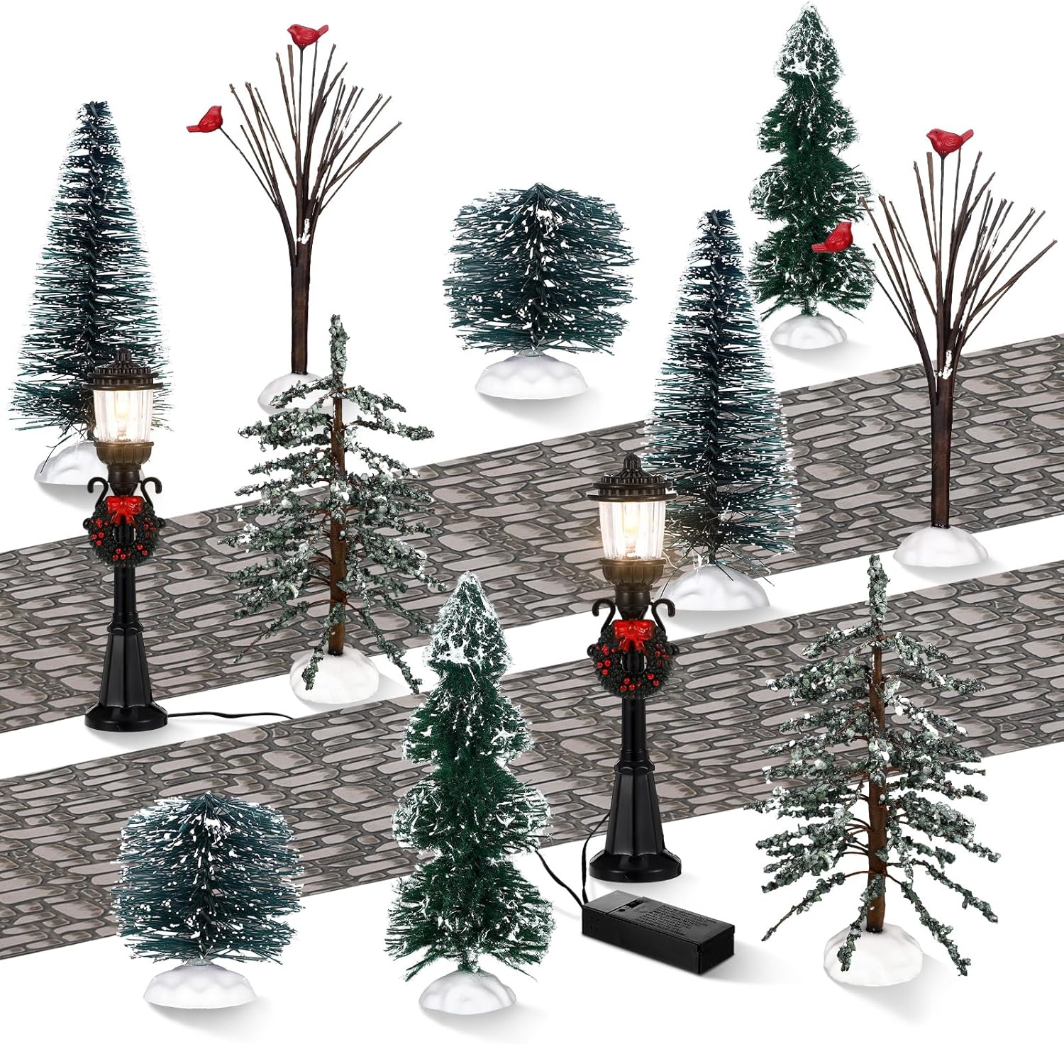 14 piezas de accesorios de Navidad, figura de pueblo, pinos en miniatura, nieve, árboles de Navidad artificiales, ramas desnudas, lámparas de calle,