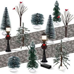 14 piezas de accesorios de Navidad, figura de pueblo, pinos en miniatura, nieve, árboles de Navidad artificiales, ramas desnudas, lámparas de calle, 14 piezas de accesorios de Navidad, figura de pueblo, pinos en miniatura, nieve, árboles de Navidad artificiales, ramas desnudas, lámparas de calle,