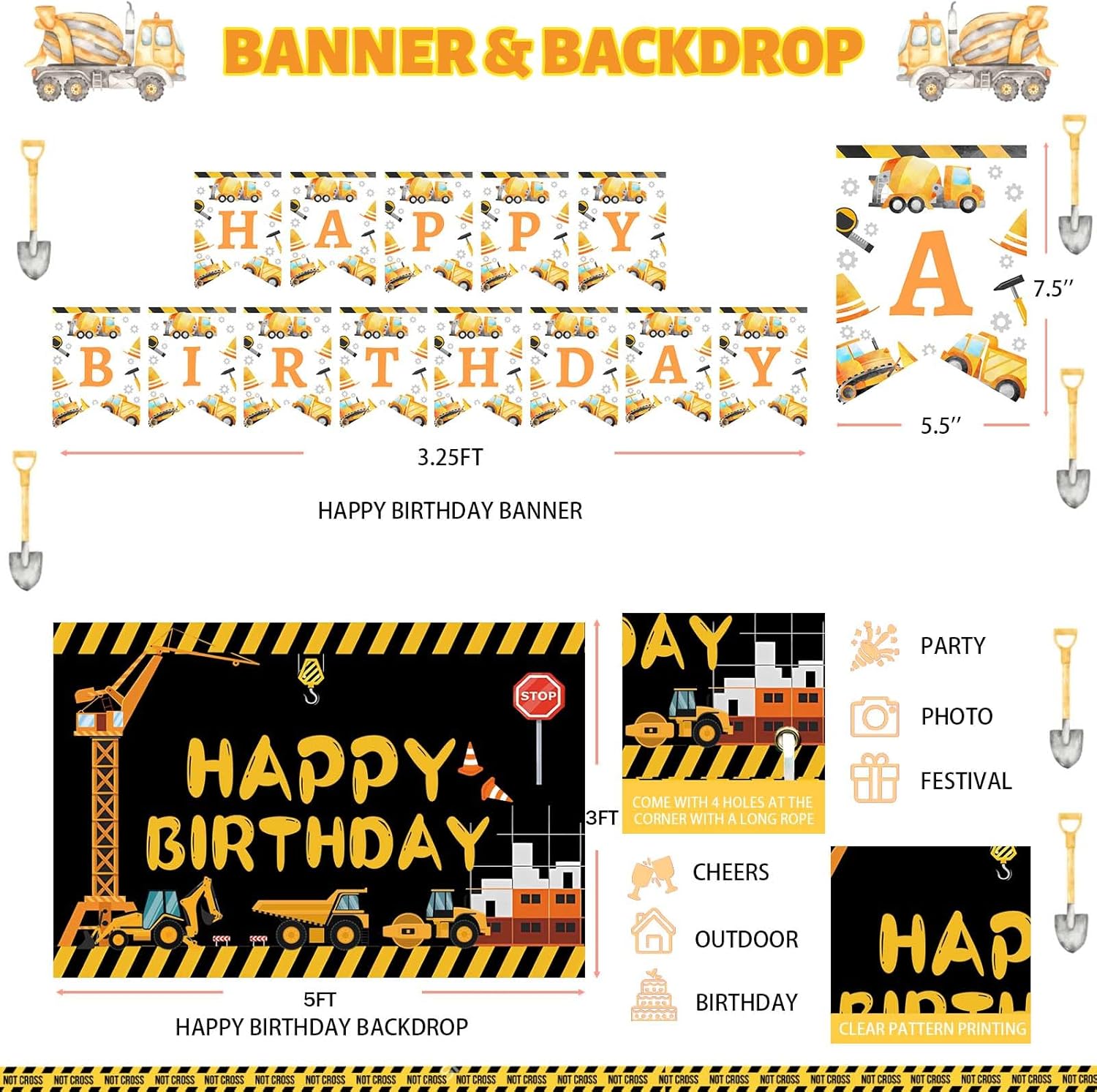 157 piezas de decoración de fiesta de cumpleaños de construcción, camión volquete de Hombae excavadora, tema de zona de cumpleaños, telón de fondo,