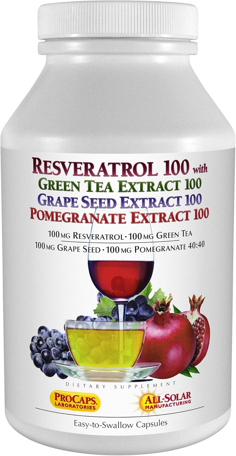 ANDREW LESSMAN Resveratrol-100 con té verde 100 semillas de uva 100 granadas 100-360 cápsulas – Cuatro potentes antioxidantes protectores.