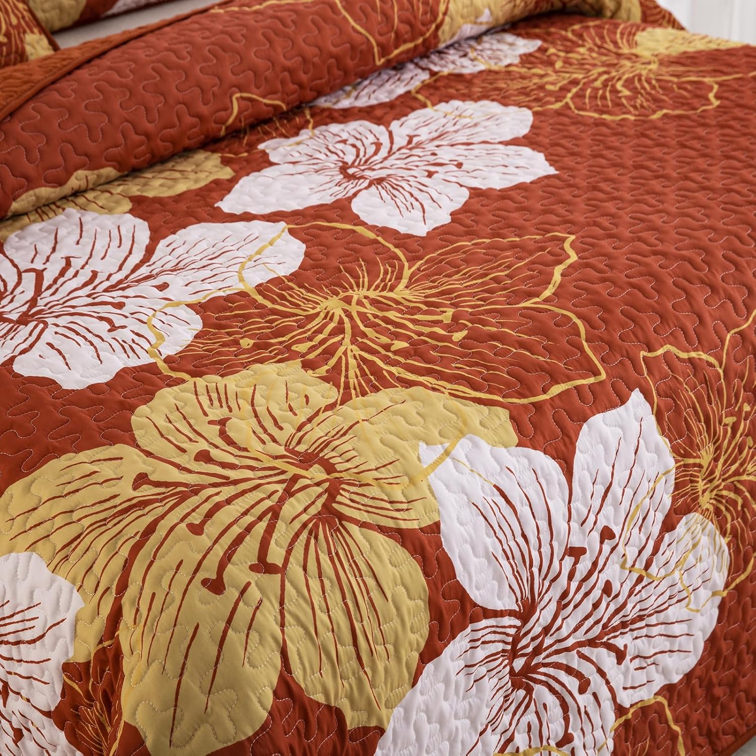 DJY Juego de edredón de terracota tamaño Queen, juego de edredón con patrón floral dorado, colcha floral bohemia con 2 fundas de almohada, elegante