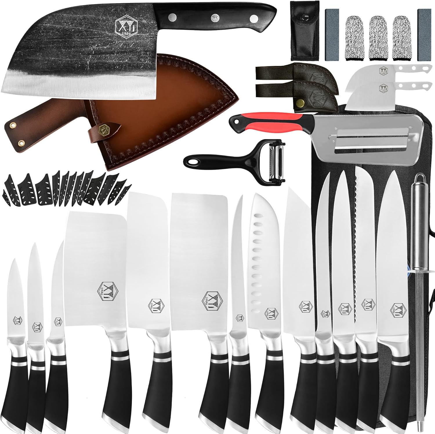 XYJ Cuchillo de cocina multiusos de acero inoxidable, cuchillos profesionales de carnicero con funda de cuchillo de transporte, bueno para cortar