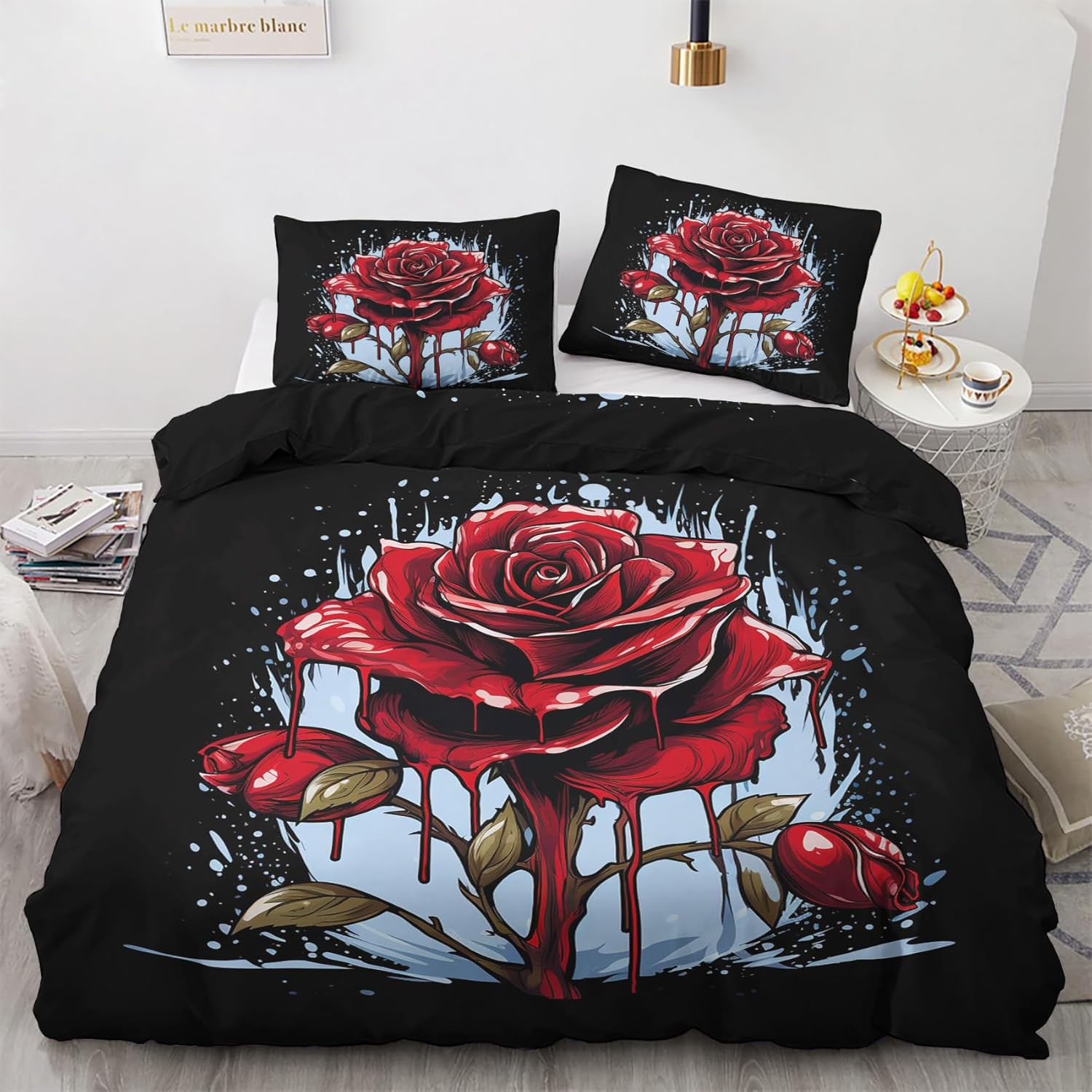 Funda de edredón floral rosa tamaño California King  Juego de cama de flores artísticas  3 piezas  Funda de edredón con patrón de microfibra suave