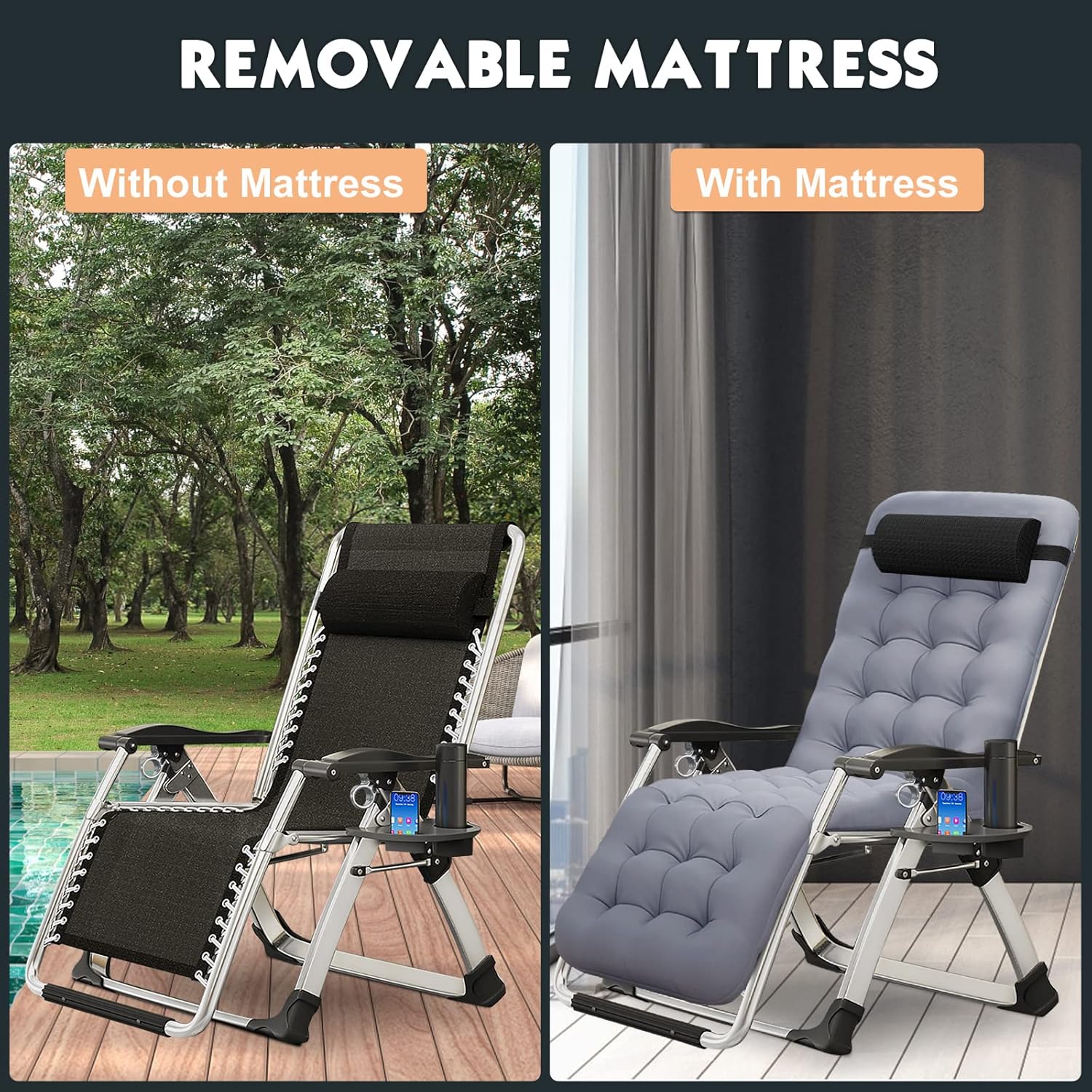 MOPHOTO Silla Zero Gravity, silla de descanso acolchada para exteriores con mesa auxiliar, silla reclinable de gravedad cero, silla reclinable para