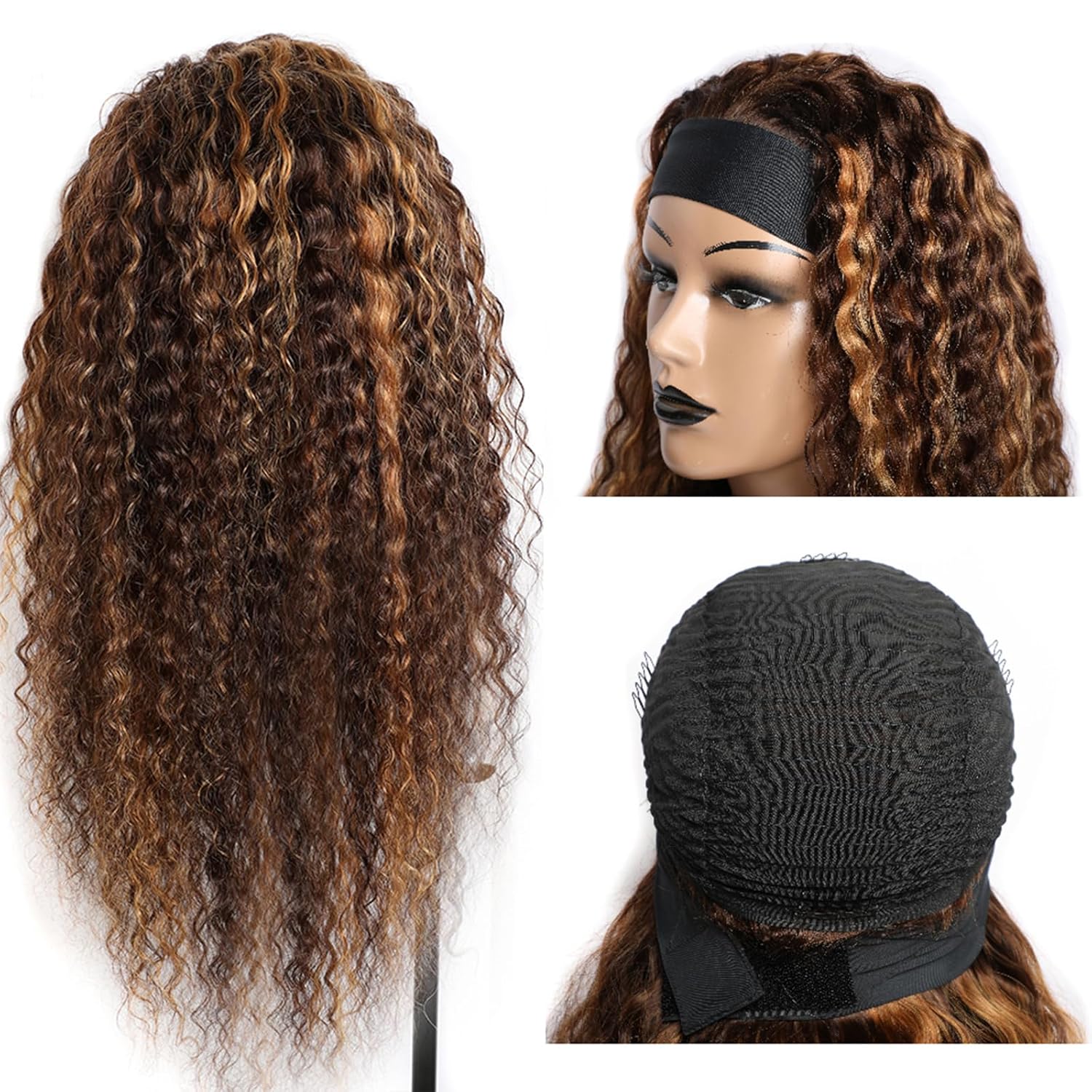 Peluca de cabello humano con diadema de ondas profundas 427 de cabello humano para mujer, sin pegamento, sin encaje frontal, hecha a máquina, 150%