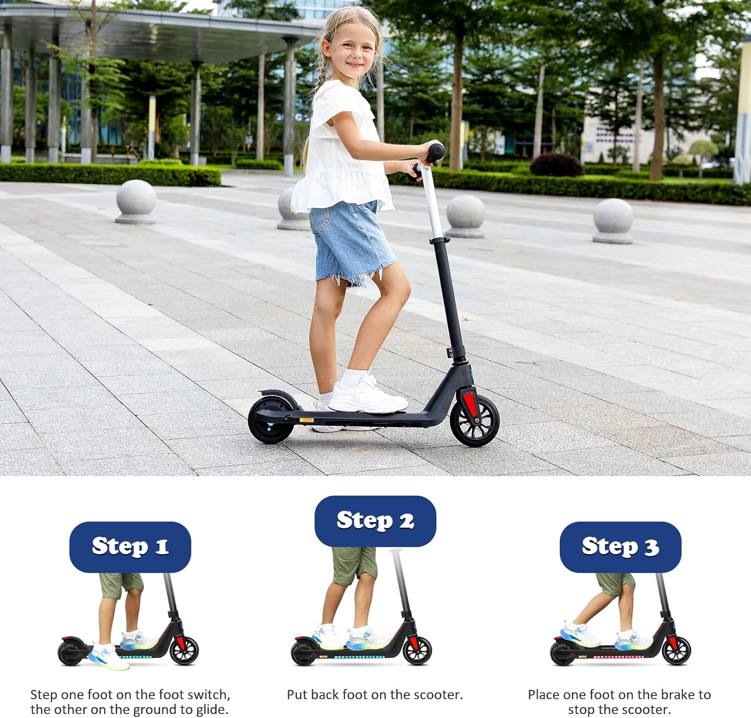 Caroma Scooter eléctrico para niños de 6 a 14 años, motor de 150 W, 10 mph, 80 minutos de tiempo de conducción, velocidad y altura ajustables, luces
