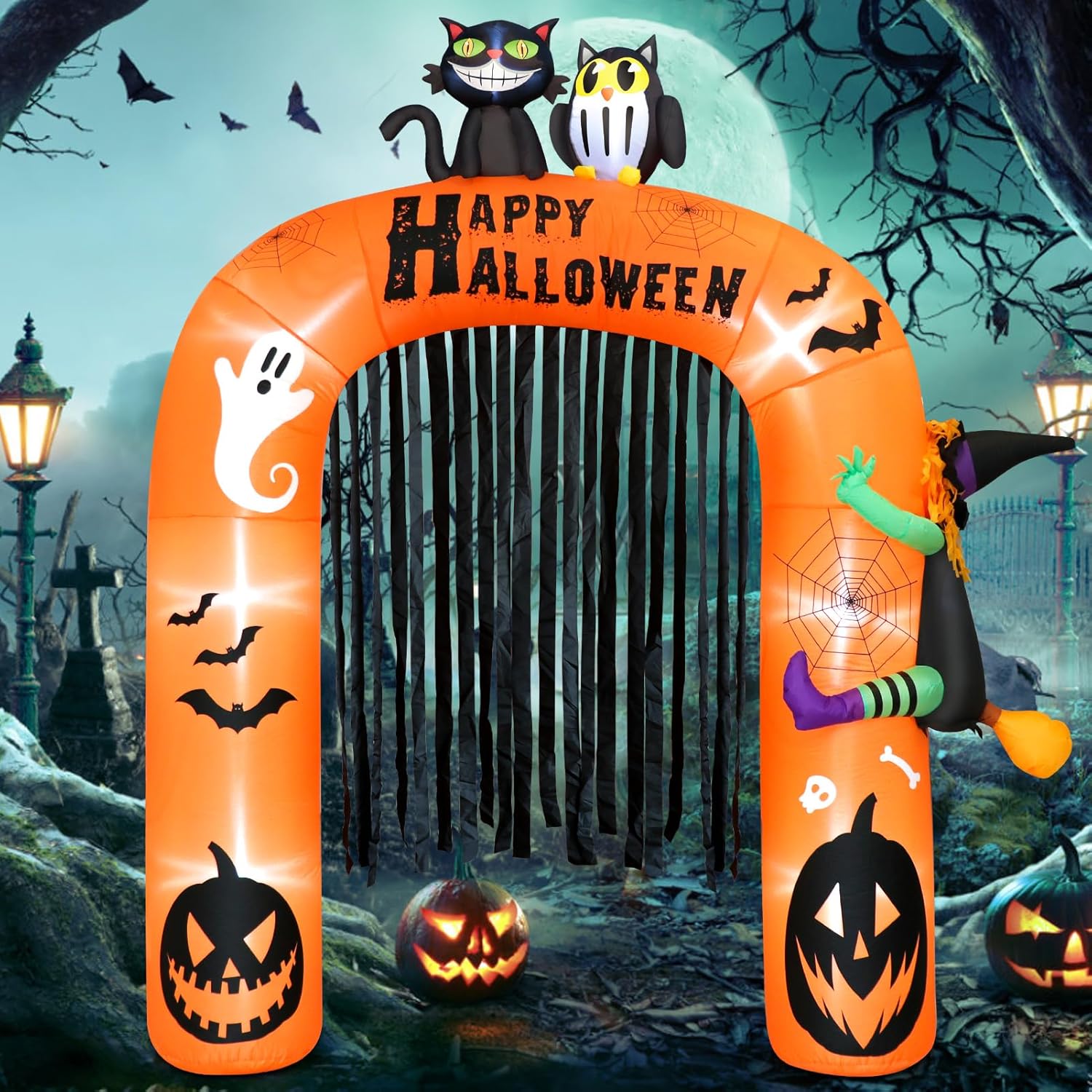 Decoración inflable de arco inflable de Halloween de 9 pies de alto, decoración iluminada de Halloween con gato, búho y bruja en arco, arco inflable