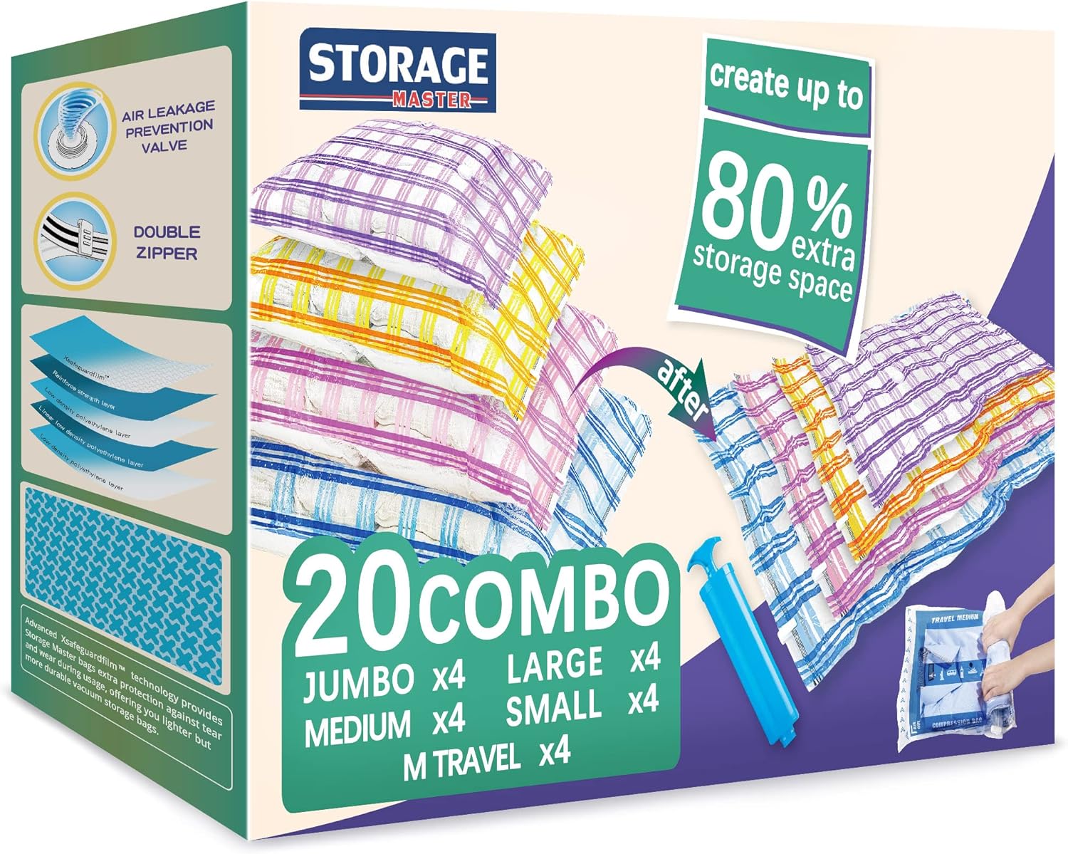 Paquete de 20 bolsas de almacenamiento al vacío, bolsas ahorradoras de espacio, bolsas de almacenamiento de compresión para edredones y mantas,