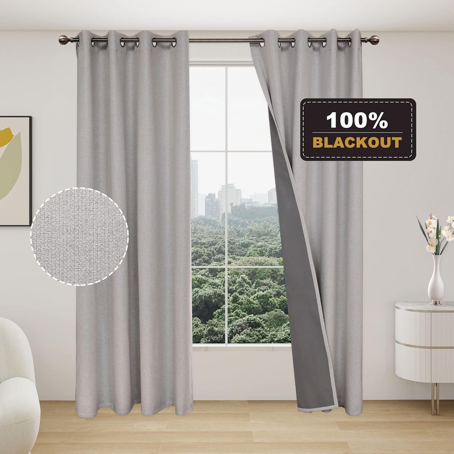IOFRYION Cortinas texturizadas de lino 100% opacas, cortinas de ventana insonorizadas con forro gris de 3 capas, cortinas con ojales antioxidantes