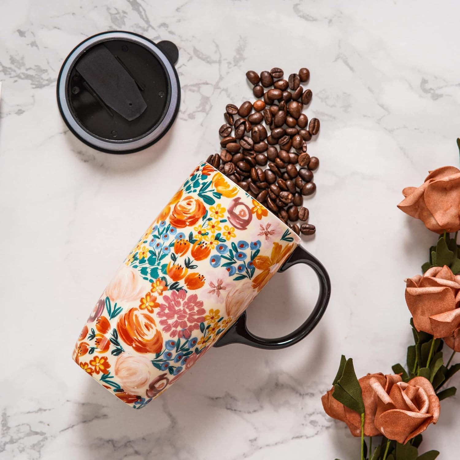 Topadorn Taza de viaje de cerámica de 17 onzas con tapa deslizante y asa resistentes a las salpicaduras, taza de café de cerámica grande para