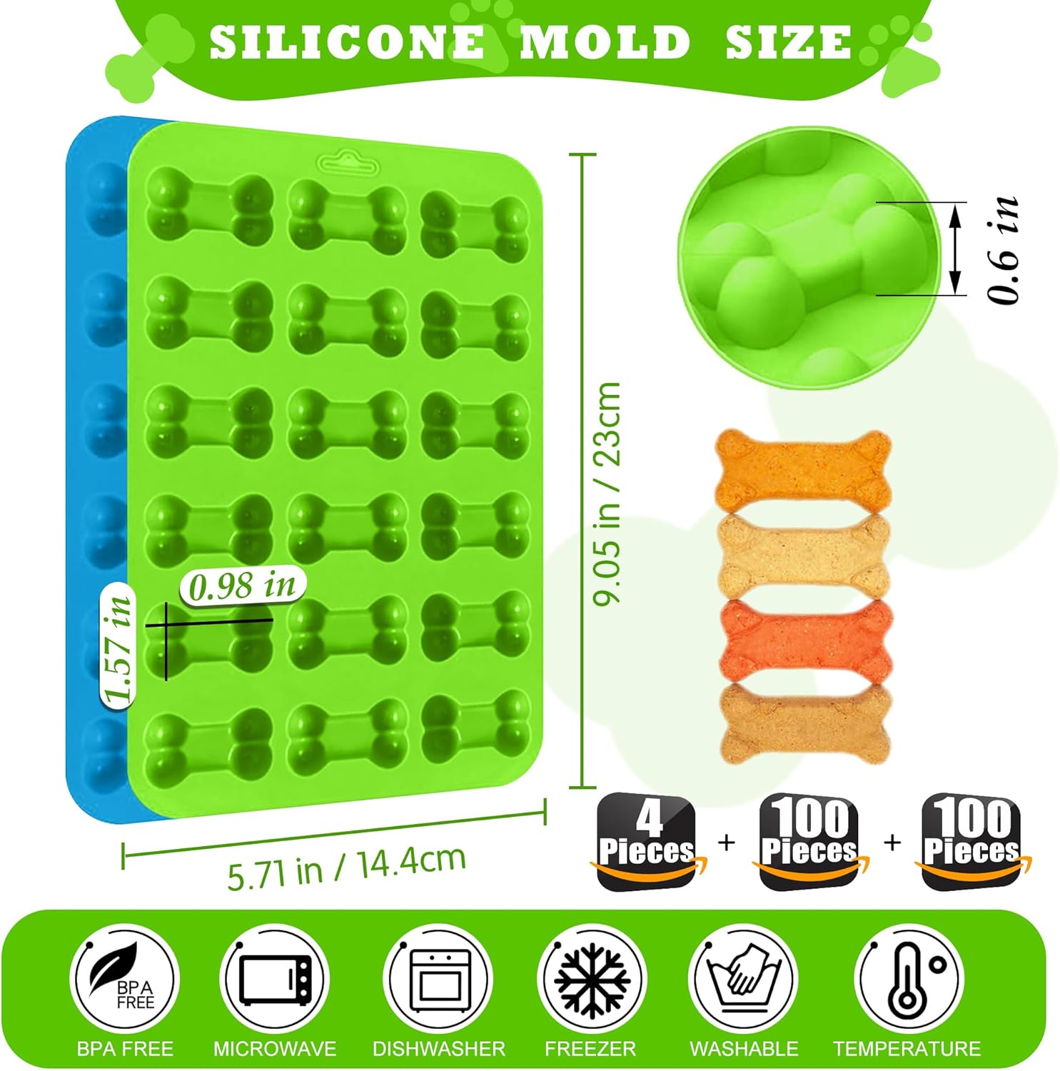Paquete de 4 moldes de silicona para patas y huesos de cachorro, moldes para hornear, molde de silicona para golosinas y 100 bolsas de golosinas