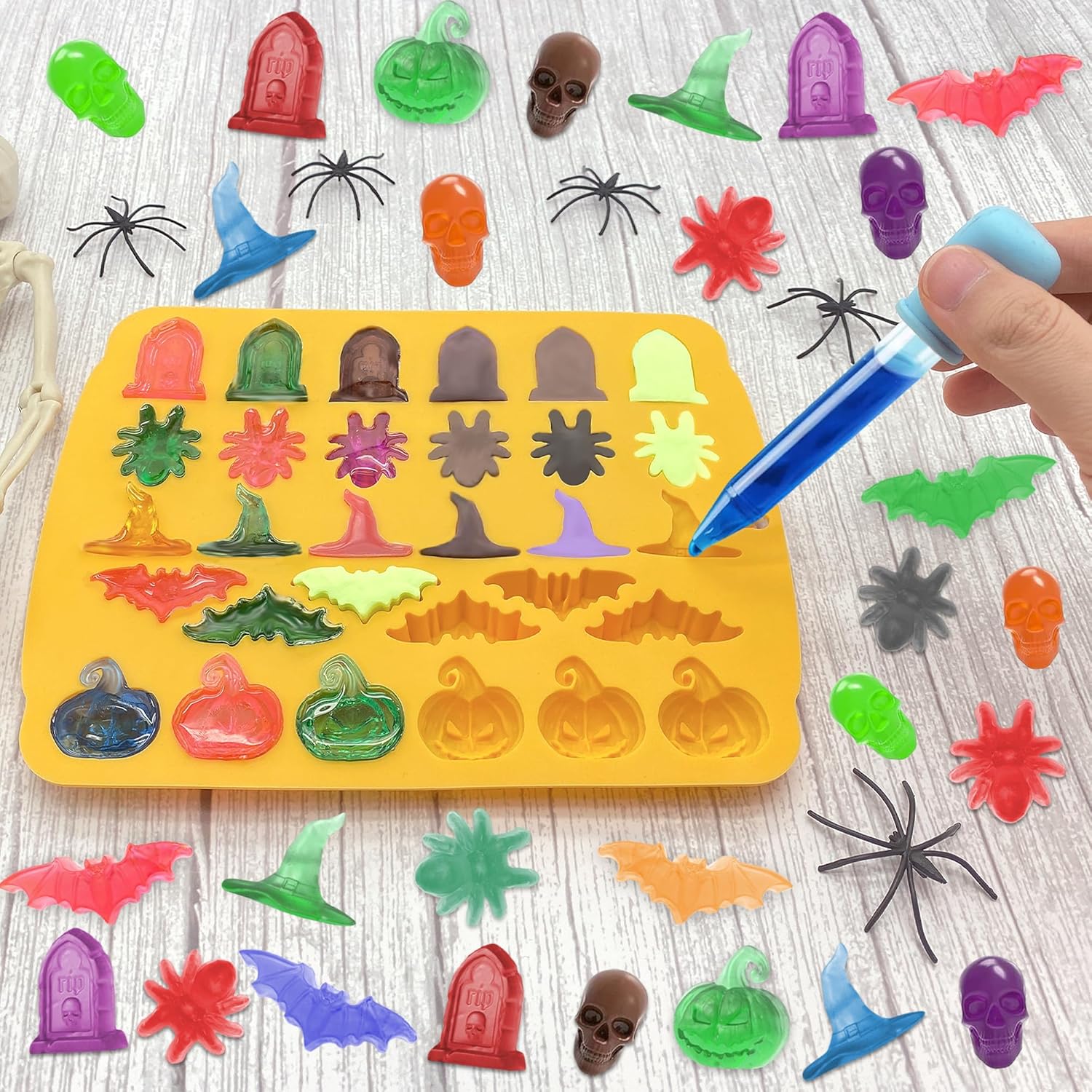 Moldes de silicona para gomitas de Halloween, paquete de 4 moldes de calavera para chocolate, calabaza, murciélago, araña, varios moldes temáticos