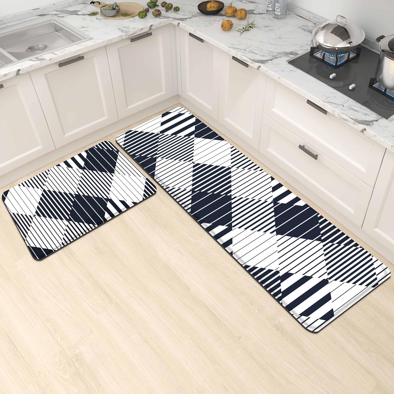 keensoft Juego de 2 alfombras de cocina azules y blancas antifatiga de 0.4 pulgadas de grosor, color azul marino, modernas, a rayas,