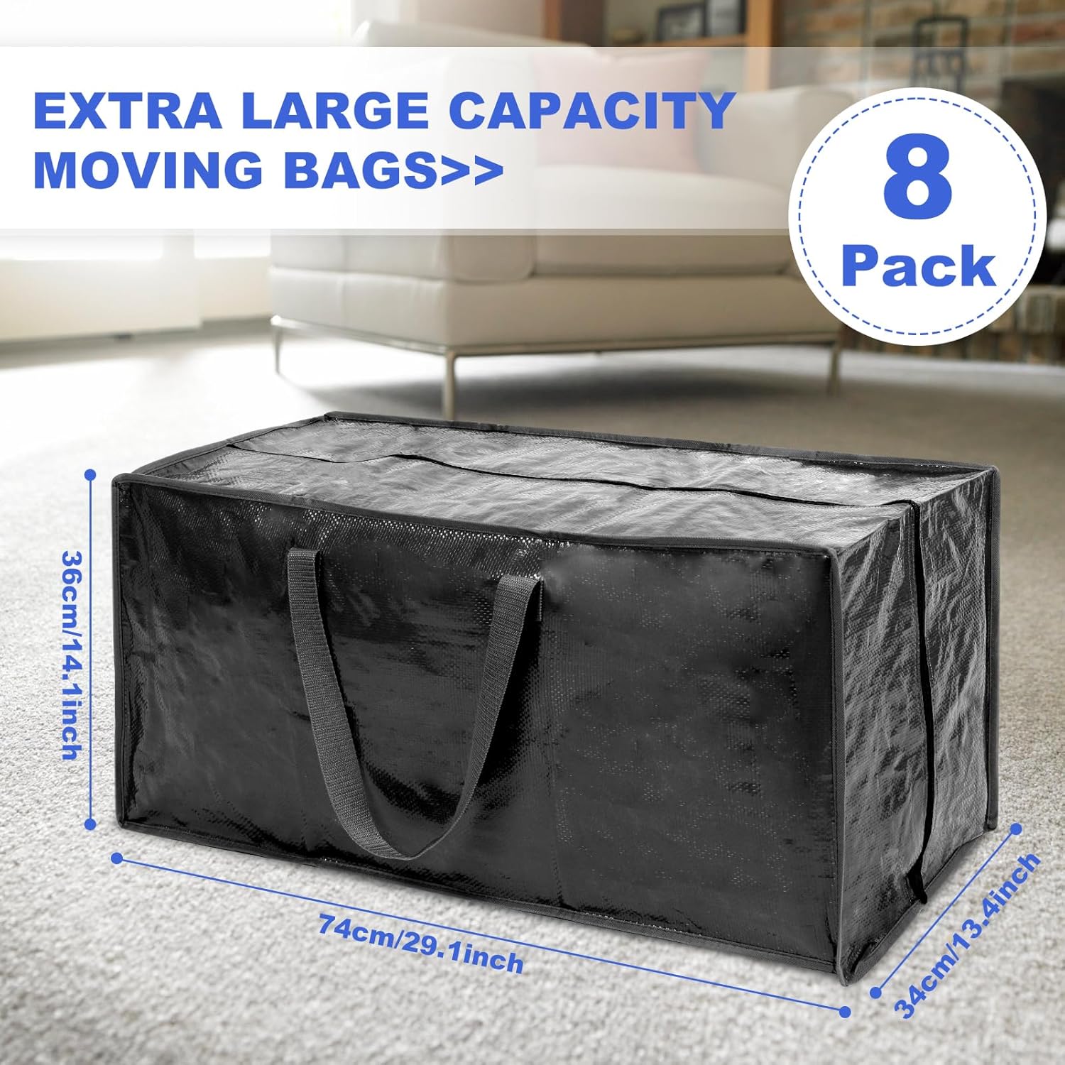 Bolsas de mudanza negras  Paquete de 8 bolsas de almacenamiento extra grandes y resistentes con cremallera y asas de refuerzo  29 x 14 x 13 pulgadas