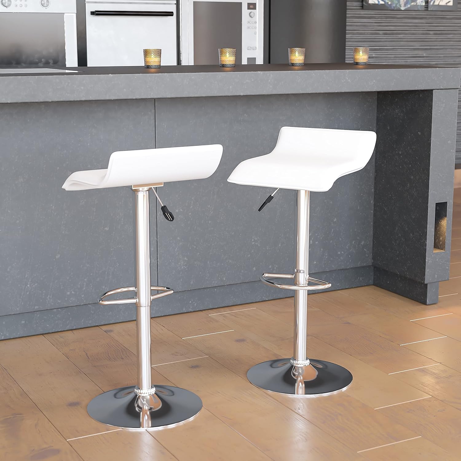 Flash Furniture taburete alto de diseño contemporáneo, vinilo negro, ajustable, con base cromada, Madera Noble Microfibra, Blanco