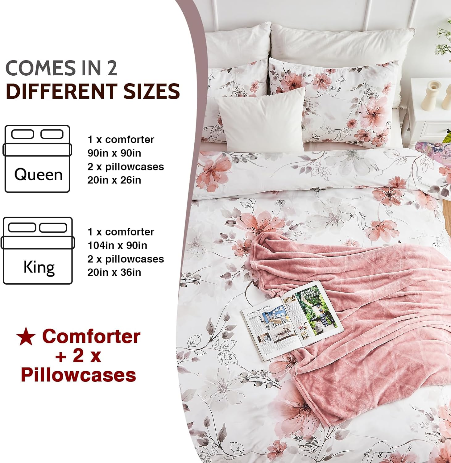 DESIHOM Juego de edredón de 3 piezas con estampado floral rosa y 2 fundas de almohada, de microfibra con estampado floral, reversible, transpirable