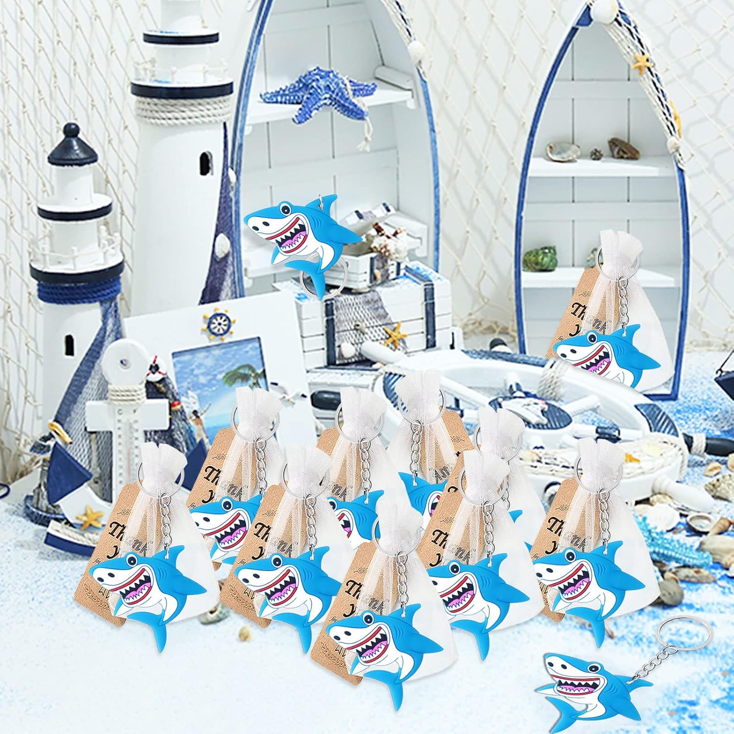 Paquete de 24 llaveros de tiburón para decoración de fiesta para invitados, fiesta de mundo submarino, cumpleaños de niños, fiesta de verano,