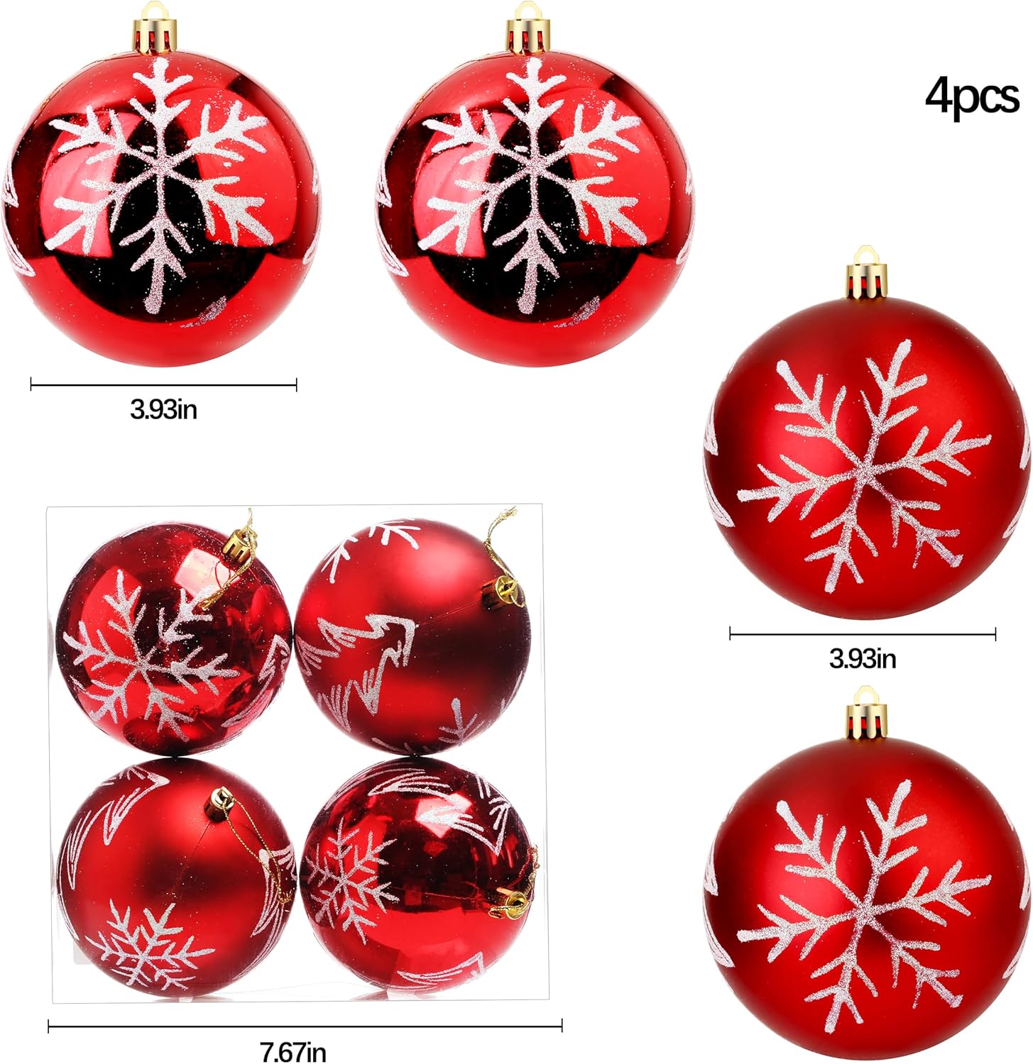 Esferas de adorno de Navidad, bolas de pintura extra grandes, juego de 4 pulgadas para colgar en el árbol (rojo)