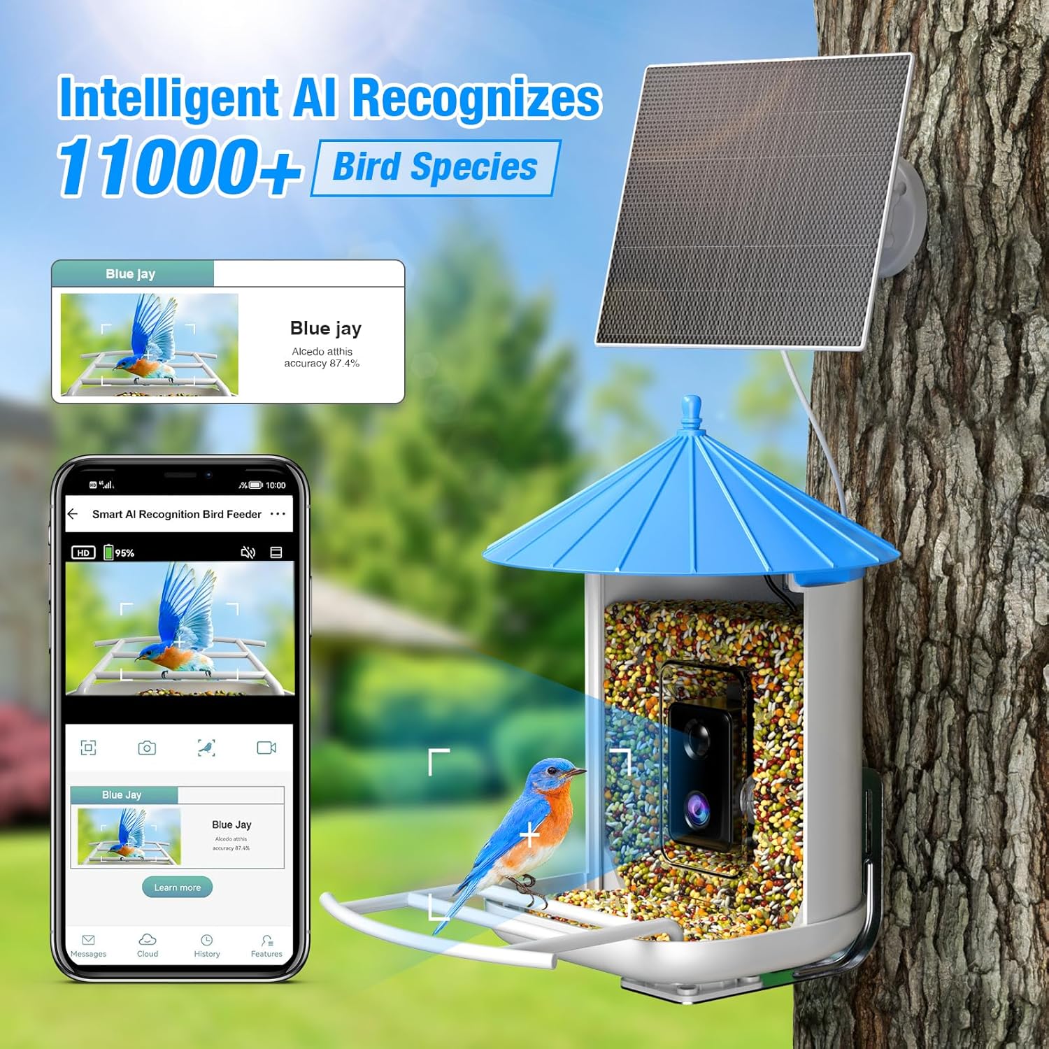 Farmice Comedero para pájaros con cámara, Cámara alimentadora de pájaros con panel solar, captura automática videos de aves y notificación, AI