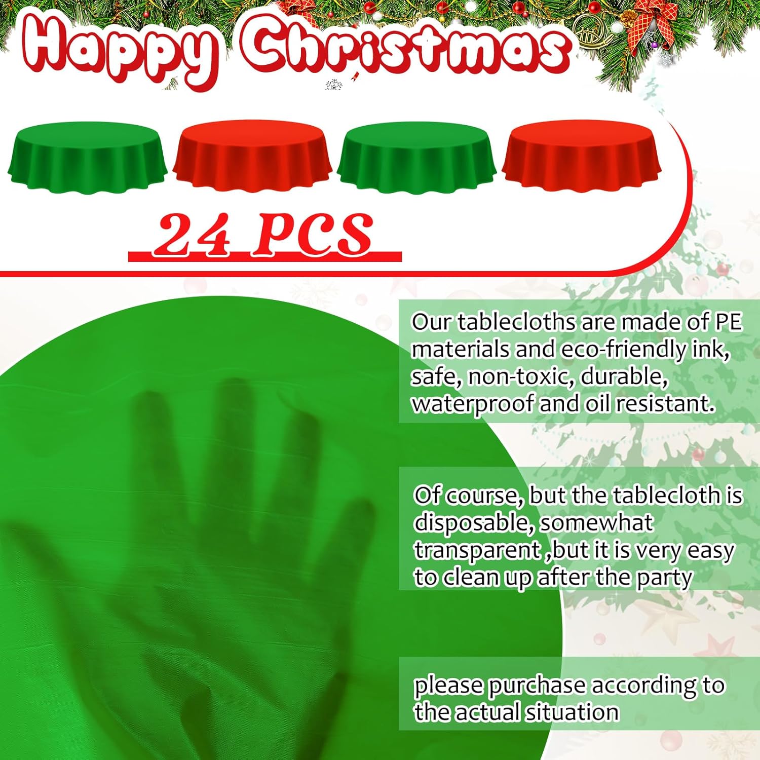 Amylove 24 manteles de plástico navideños de 84 pulgadas, redondos, desechables, de plástico, impermeables, decorativos, para fiestas, decoración de