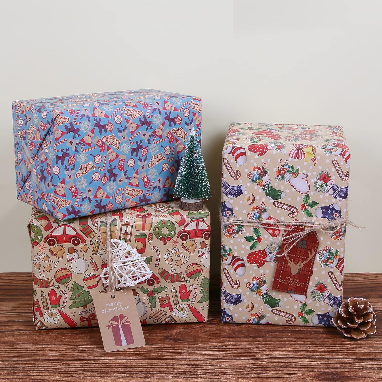 Aimyoo Paquete de papel de regalo de Navidad de estraza azul, juego de papel de regalo de Navidad para niños, diseño de bastones de caramelo,