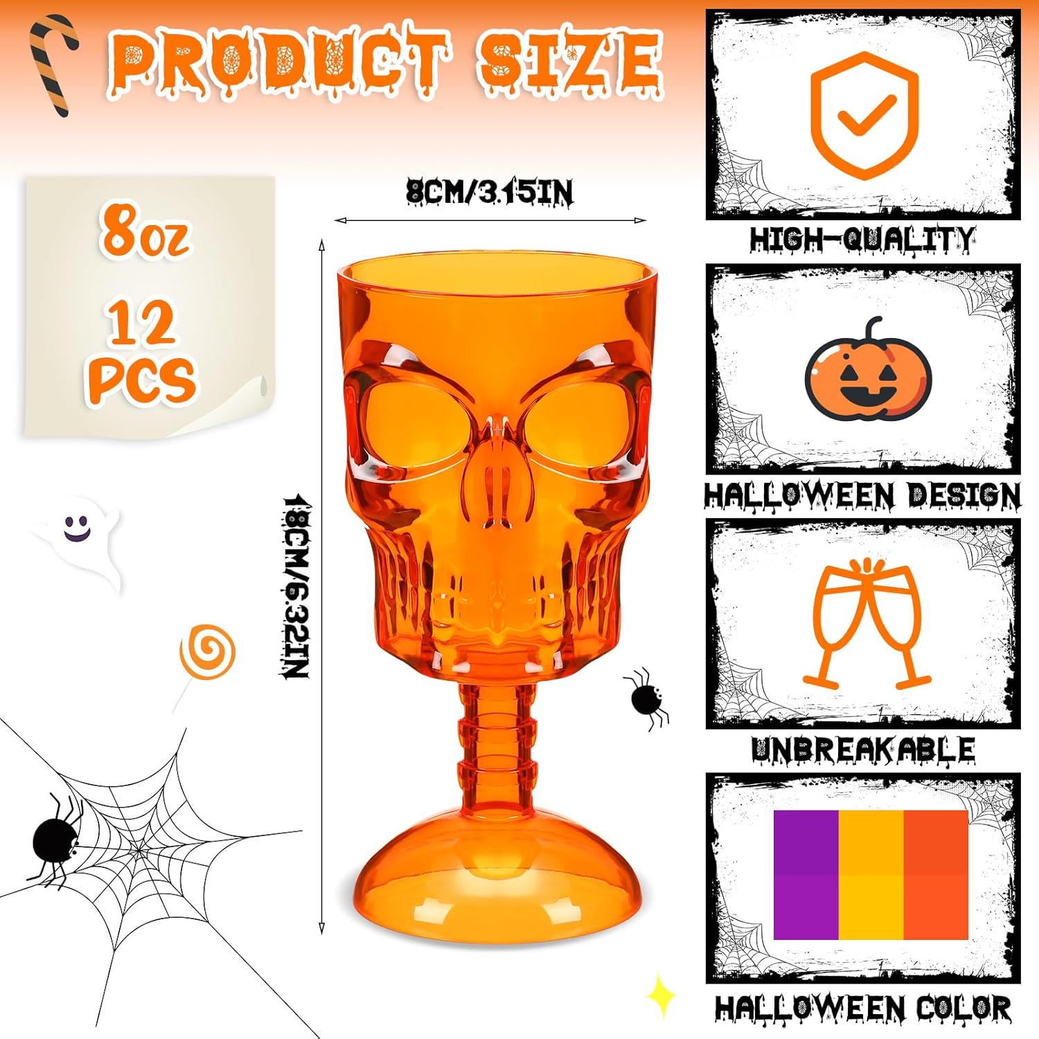 Juego de 12 copas de Halloween, copas de calavera, decoración de mesa gótica para fiesta, copa de vino de plástico, suministros para fiesta de