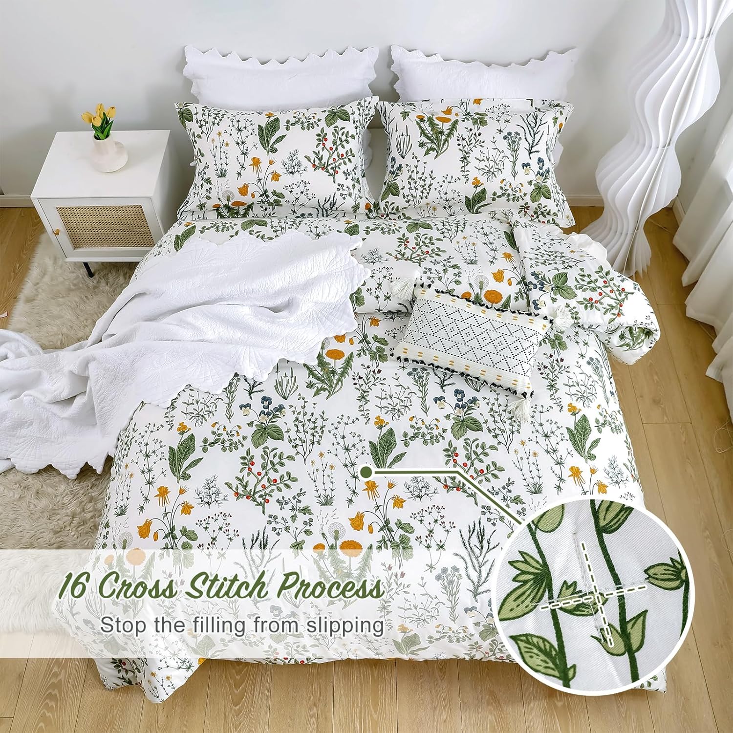 SexyTown Juego de edredón floral Queen, edredón de algodón con estampado floral verde salvia, tamaño Queen, estampado botánico de flores verdes y