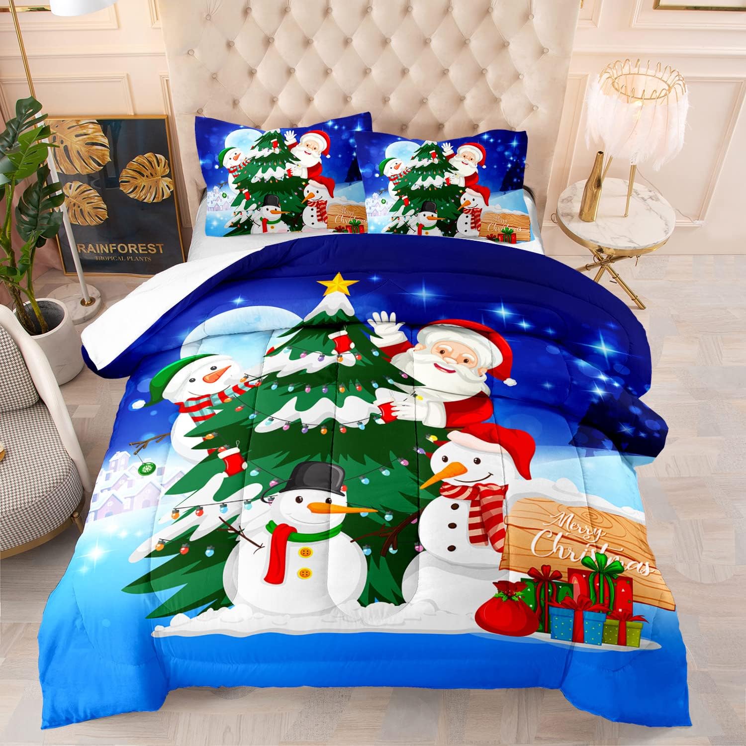 Juego de edredón de decoración de habitación de Año Nuevo, tamaño individual, diseño de chimenea de Papá Noel, alce de Papá Noel, para niños y