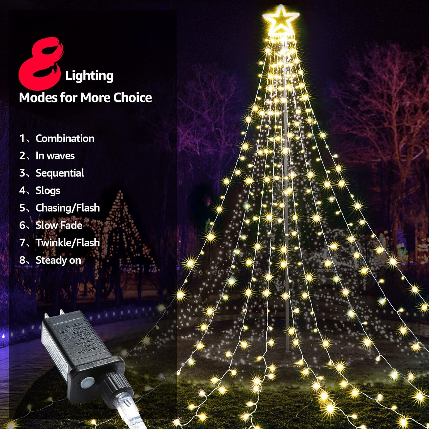 BlcTec Decoraciones de Navidad al aire libre, 317 luces LED de Navidad con 9 hebras de luces de cascada de 11.9 pies, 8 modos, impermeable, estrella