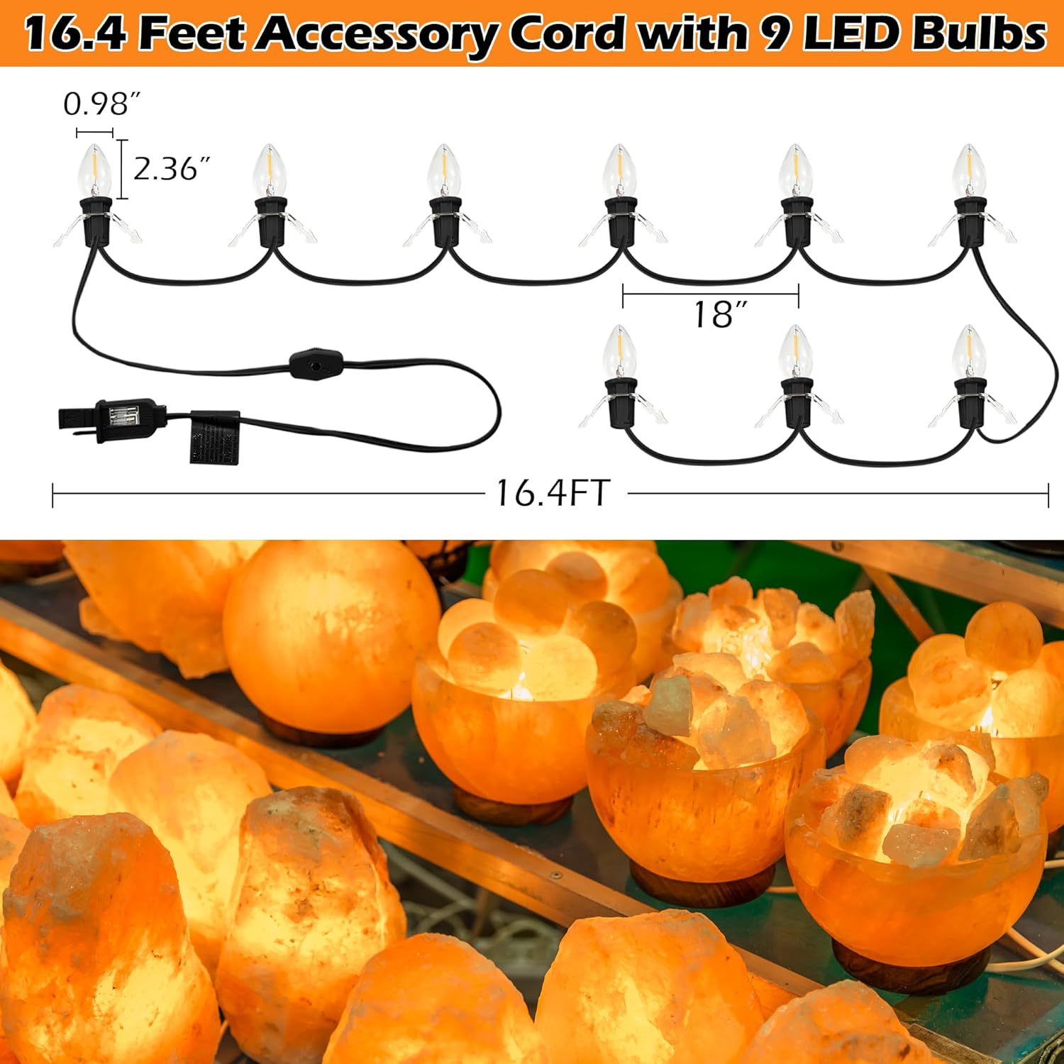 Cable de accesorio con 9 bombillas LED de 16.4 pies, cable C7 con clip de luces con doble fusible de repuesto, molde de soplado, decoración de