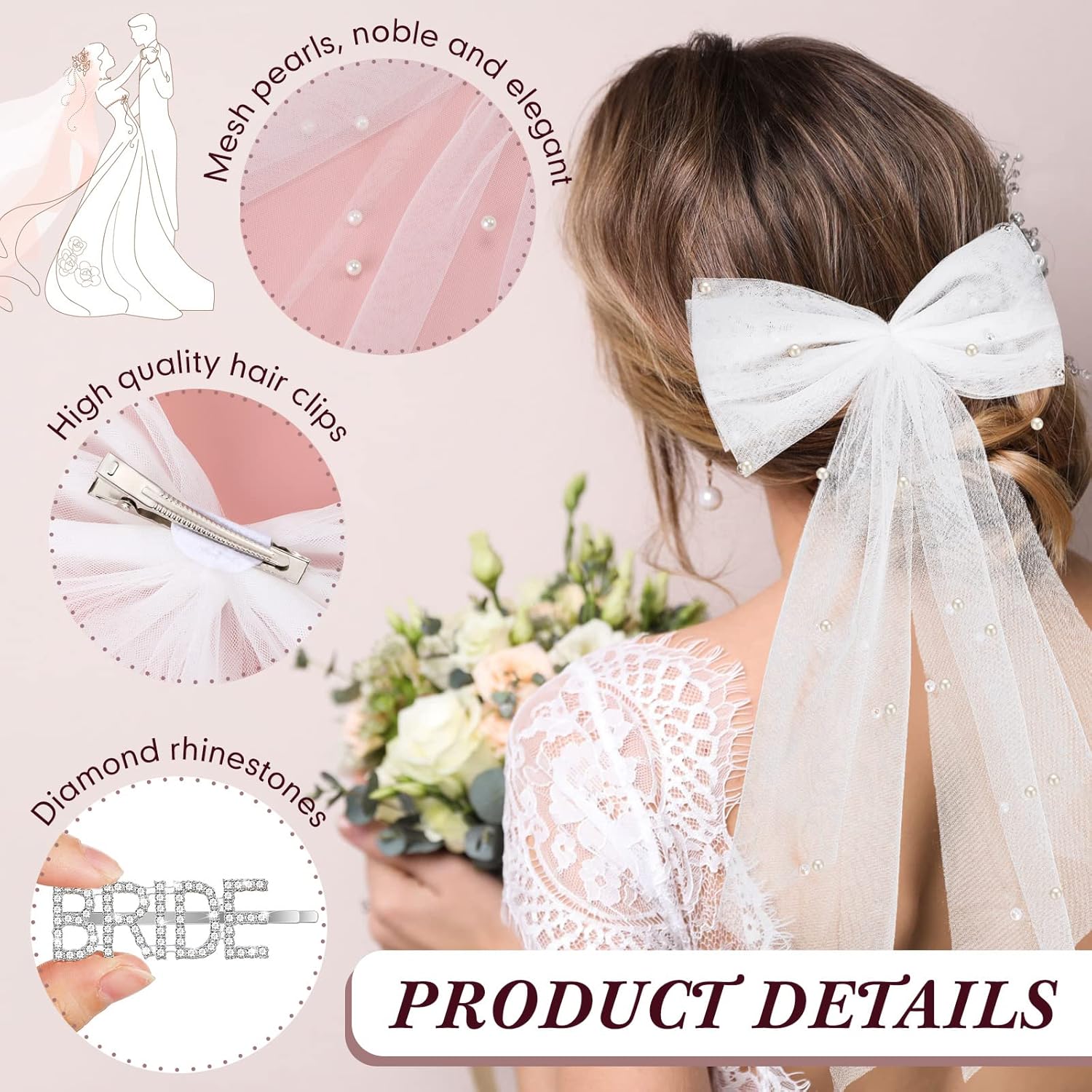 3 piezas de decoraciones de despedida de soltera, lazo blanco perla nupcial para el cabello, pinzas para el cabello plateadas, clips de letras para