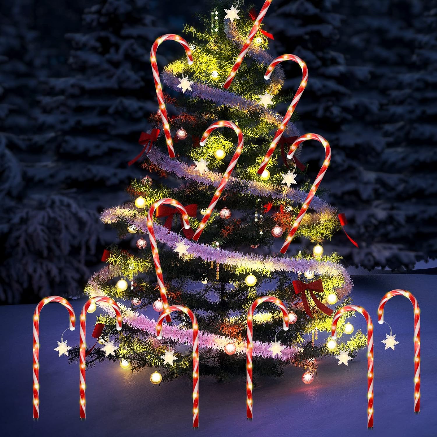 Luces solares de bastón de caramelo de Navidad con copo de nieve, luces solares mejoradas para marcadores de camino, paquete de 8 decoraciones de