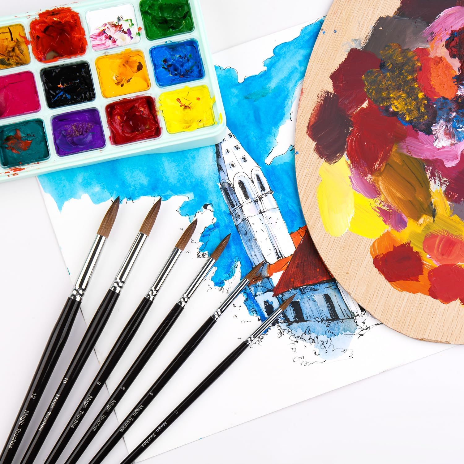 Magic Touches – Juego de pinceles de pintura para artistas (6 tamaños), punta redonda de sable natural, la mejor absorción de flujo más suave para