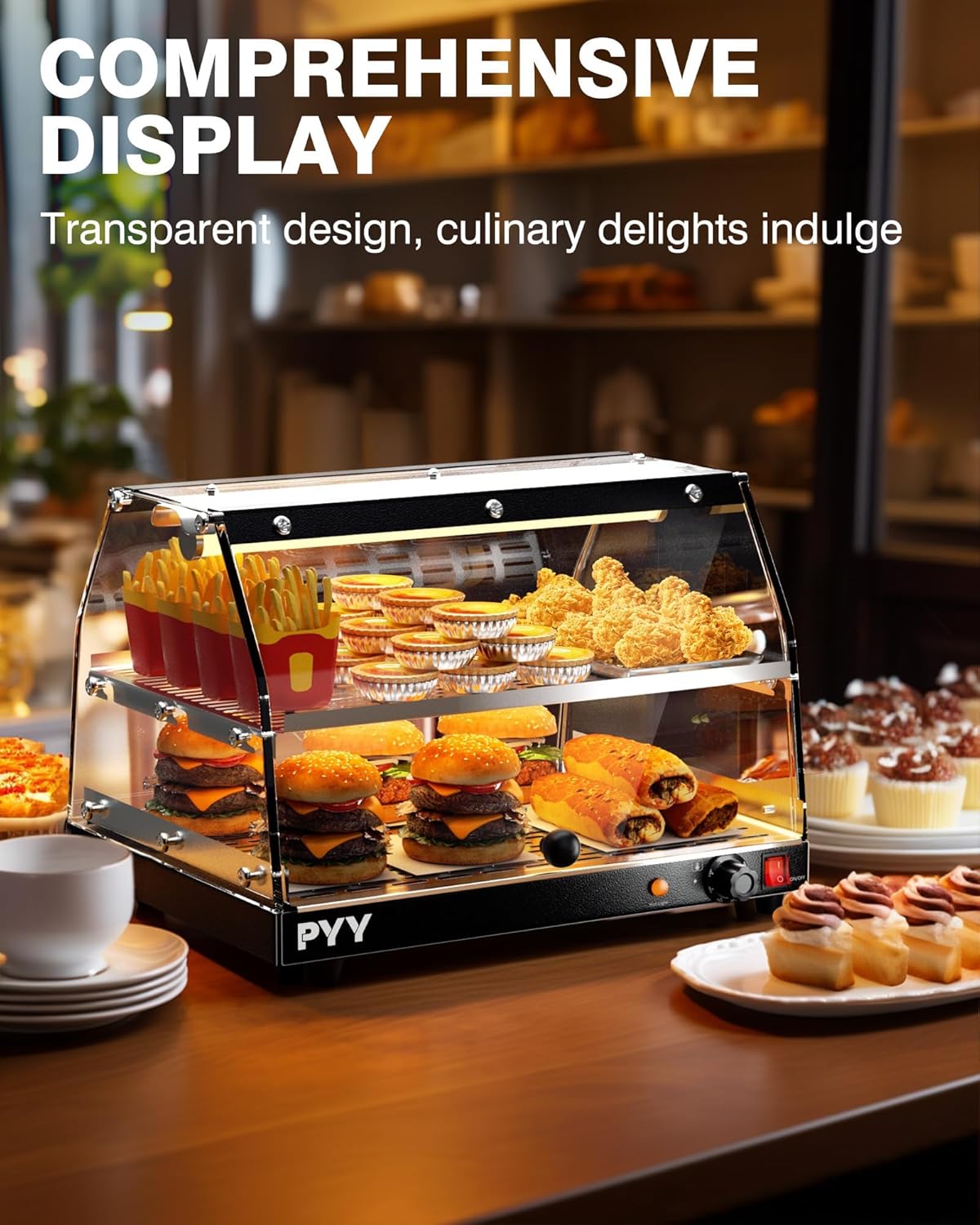 PYY Calentador de alimentos comercial para encimera, calentador de pizza, encimera de 2 niveles con iluminación LED, calentador de pantalla de