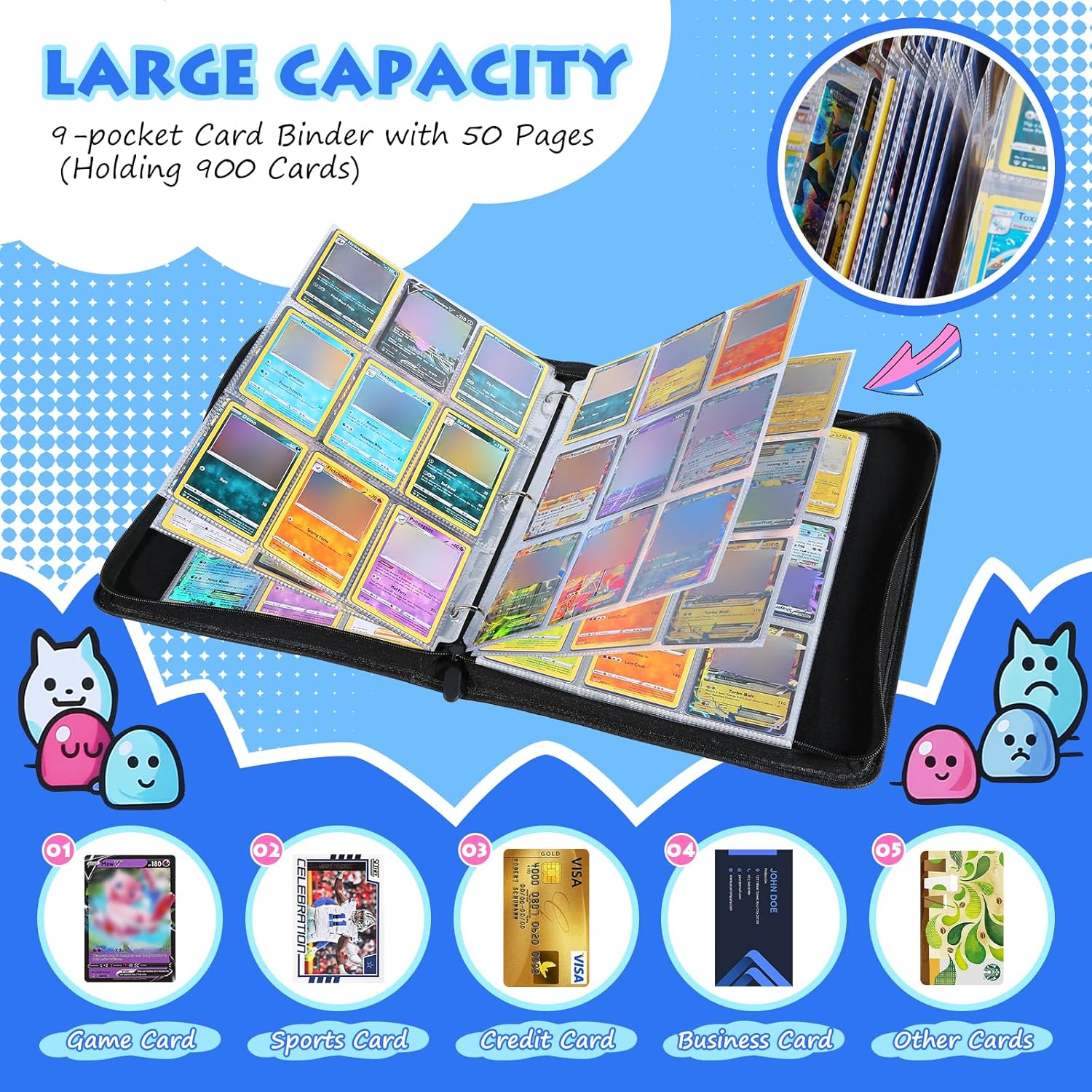 Carpeta para tarjetas coleccionables de 900 bolsillos, álbum Yegyalm de 9 bolsillos con 900 bolsillos que incluye 900 bolsillos con 50 fundas