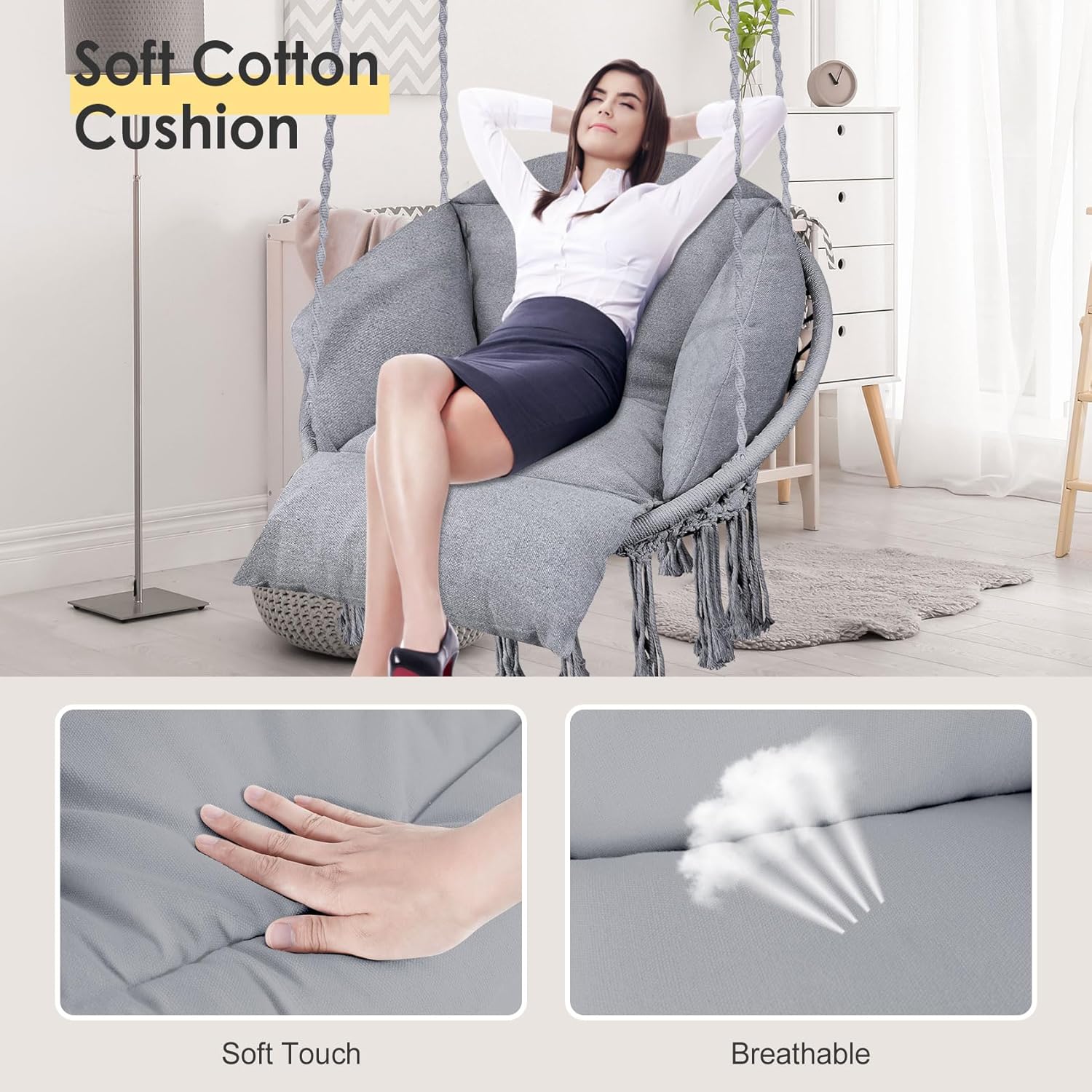 Silla colgante, hamaca de macramé, silla colgante con cojín de gran tamaño y accesorios de montaje, silla columpio tejida a mano para dormitorio,