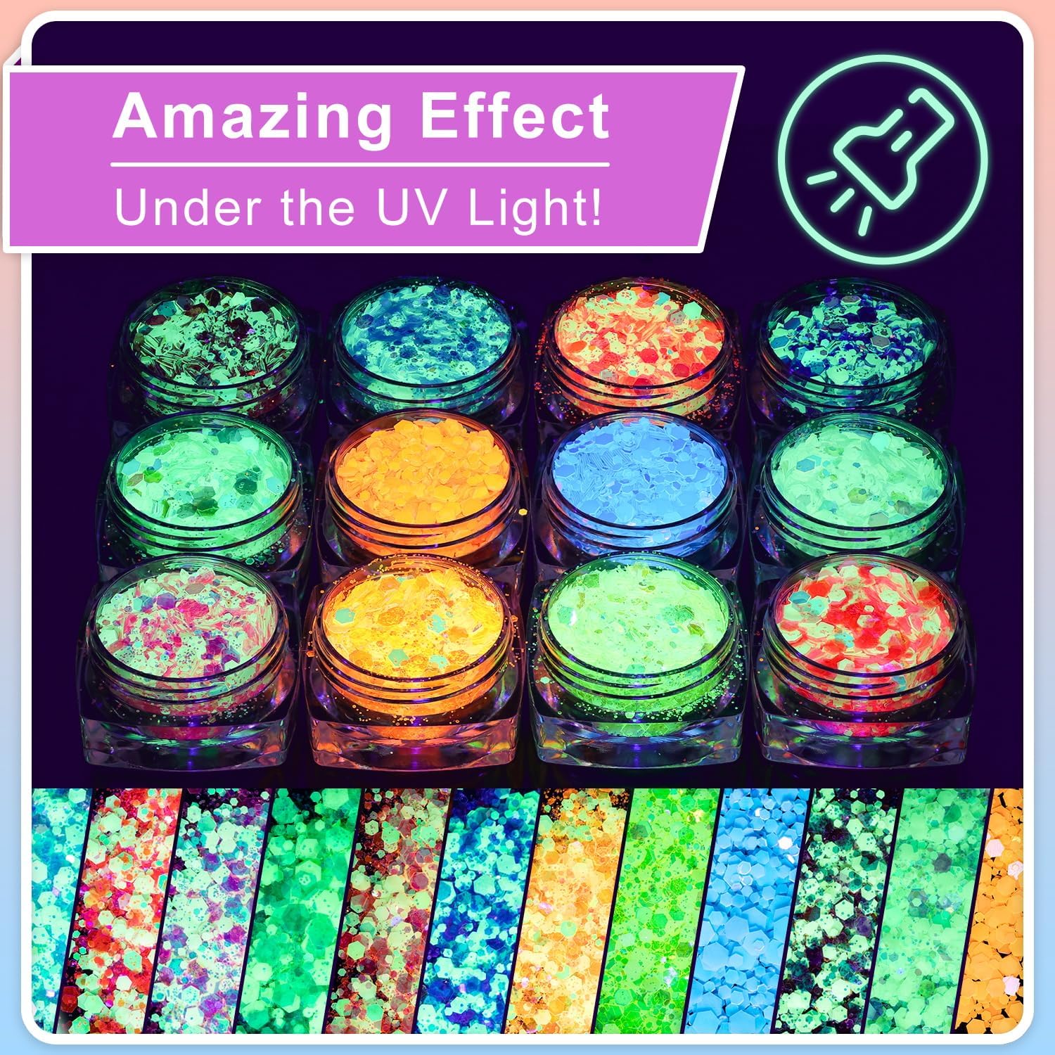 Juego de 12 colores que brillan en la oscuridad, purpurina holográfica brillante con pegamento de maquillaje para cuerpo, cara, ojos, cabello, uñas,