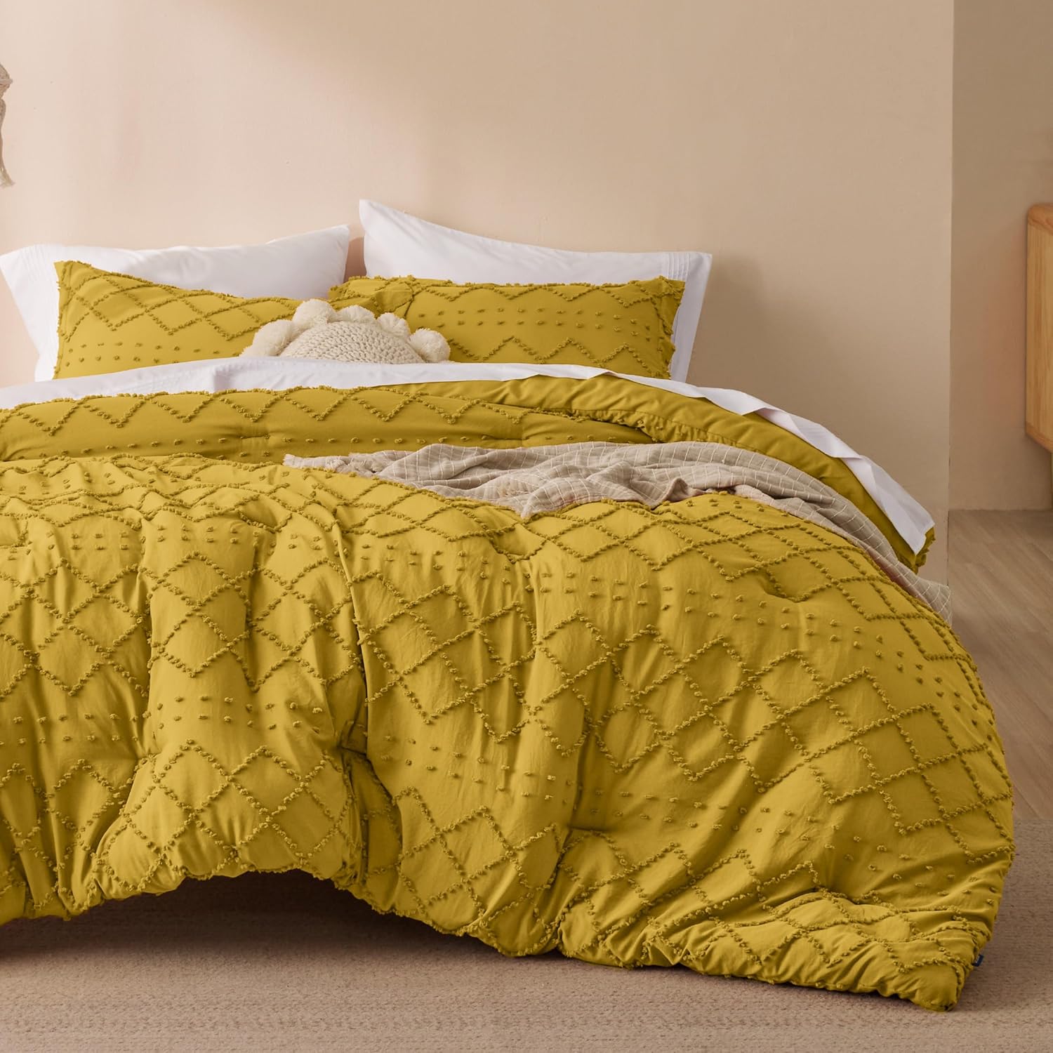 Bedsure Juego de edredón tamaño King  Edredón amarillo mostaza, juego de ropa de cama bohemio desgastado chic, juego de ropa de cama de 3 piezas