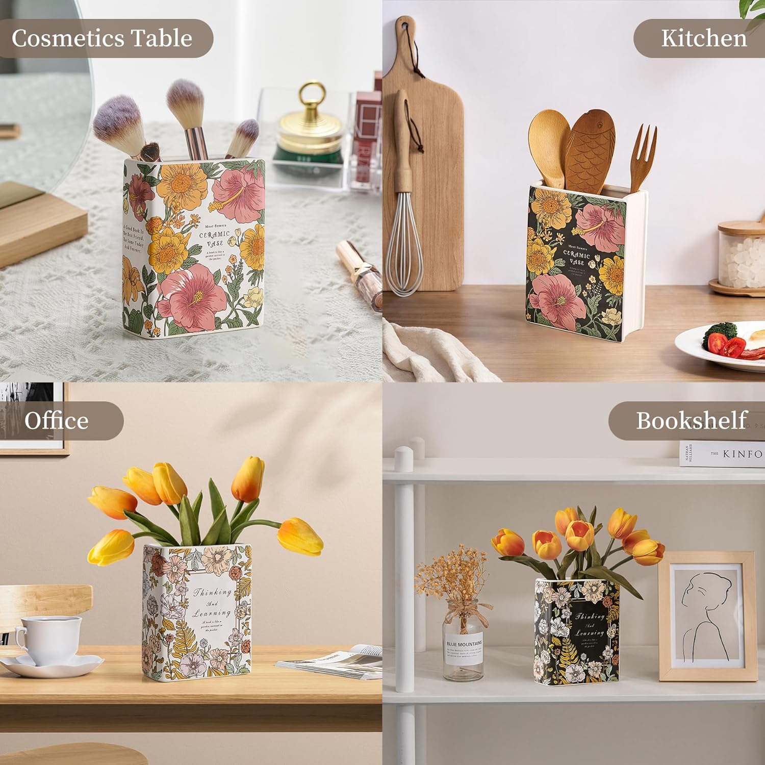 Florero de cerámica blanca con forma de libro, florero decorativo rectangular estético para flores, decoración única del hogar para centro de mesa,