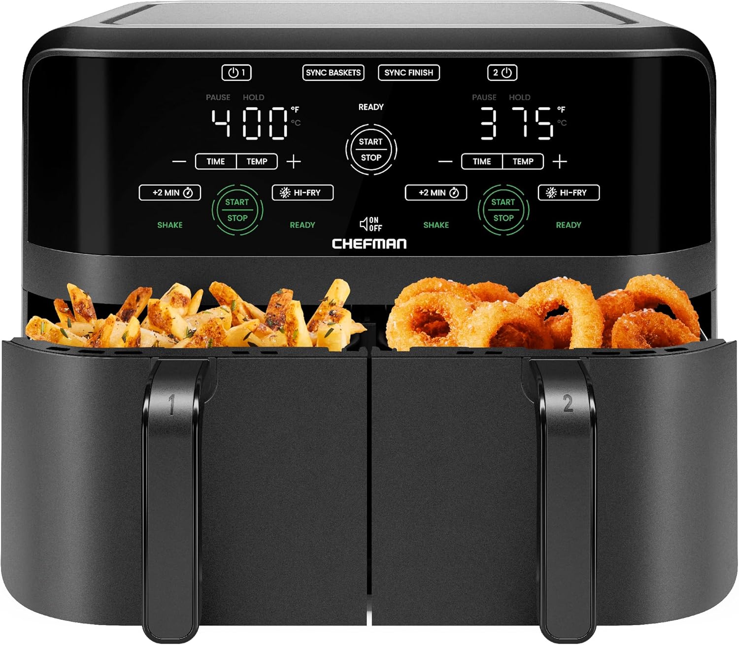 Chefman Freidora de aire de doble cesta de 6 cuartos de galón, pantalla táctil digital, acabado de sincronización inteligente, Hi-Fry, apagado
