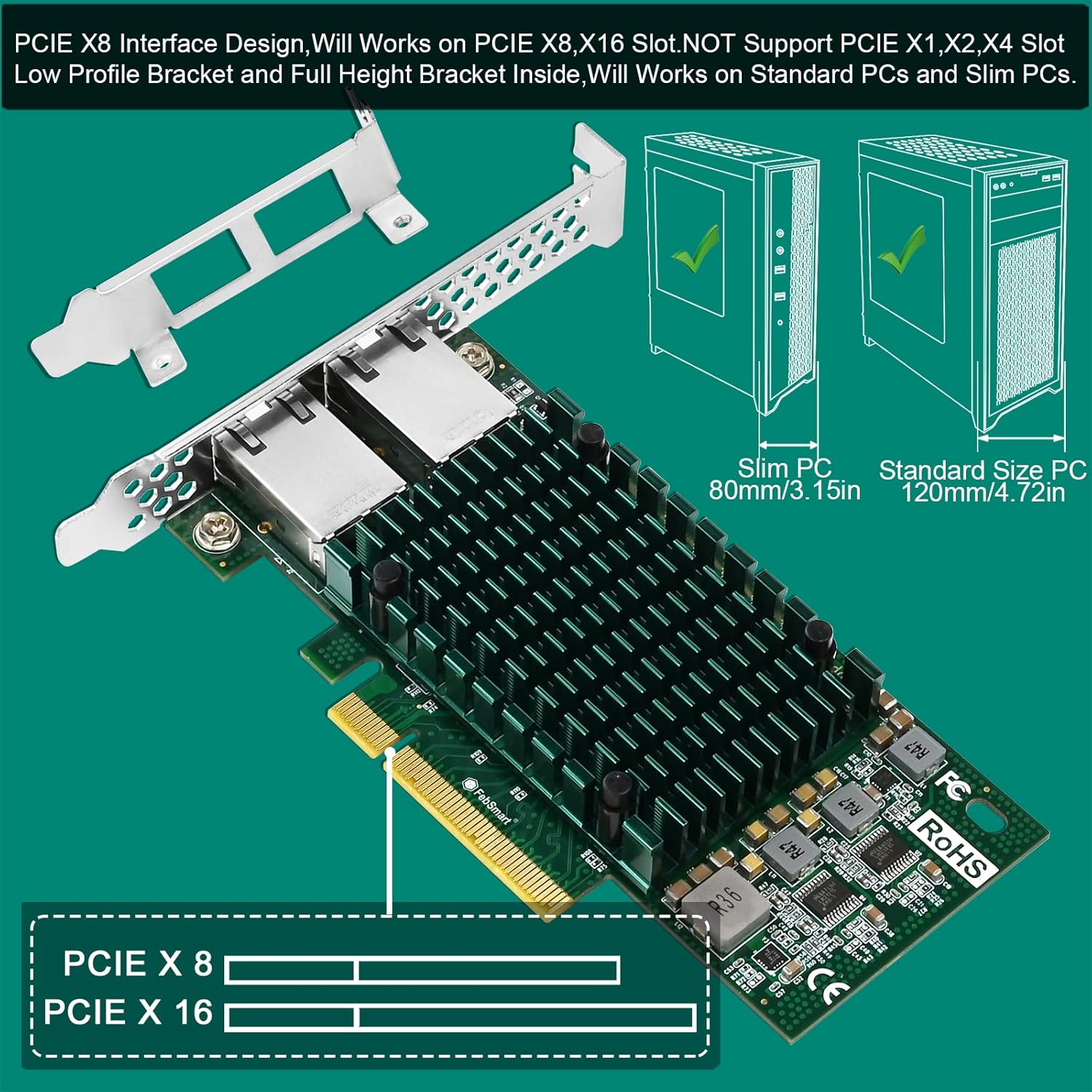 FebSmart Interfaz PCIE X8 a 2 puertos RJ45 de 10 Gbps, controlador Ethernet Intel X540-AT2, 2 tarjetas NIC PCIE de interfaz RJ45 de 10GbE, adaptador