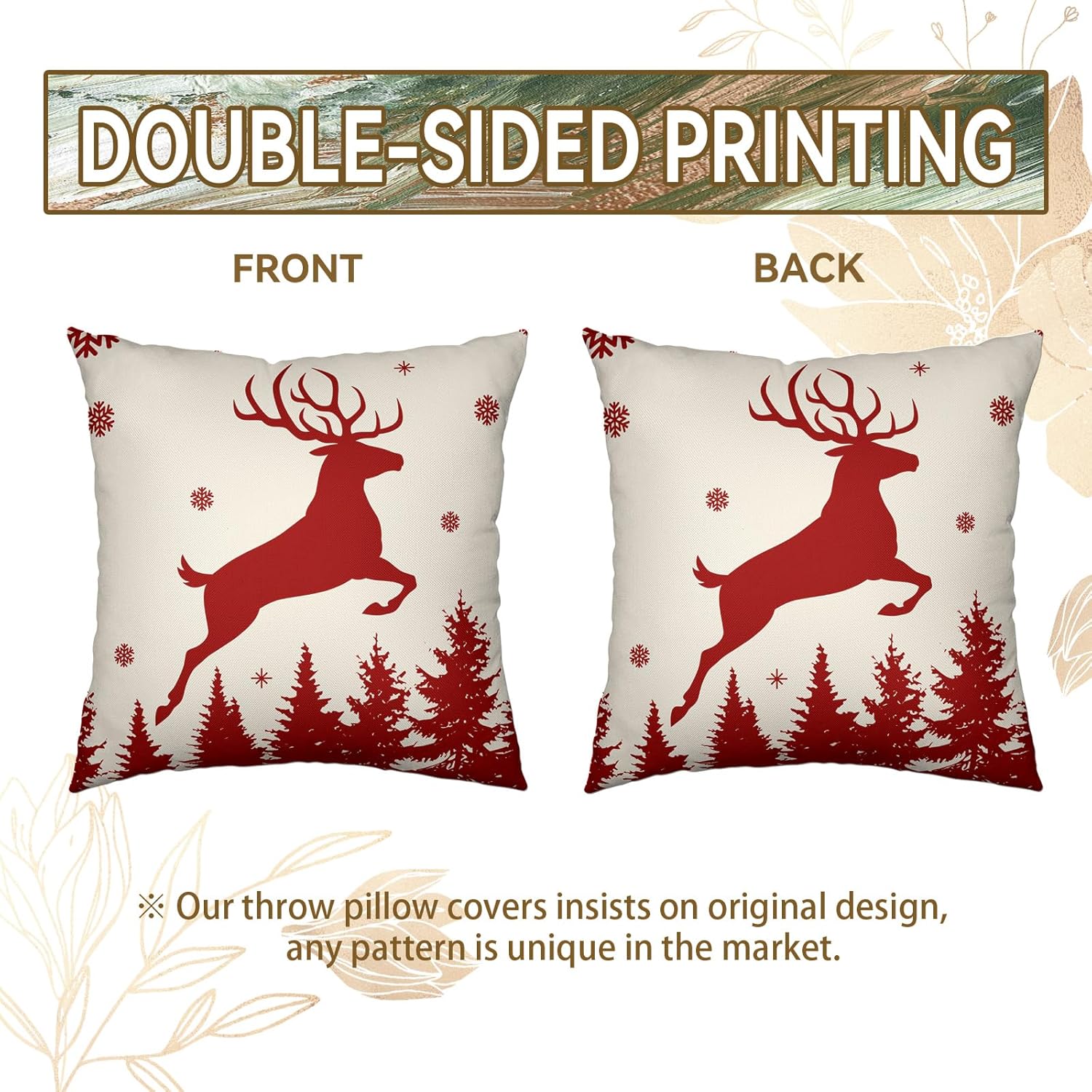 Fundas de almohada de reno de invierno de 18 x 18 pulgadas, funda de almohada de árbol de Navidad, fundas de almohada de lino para decoración de