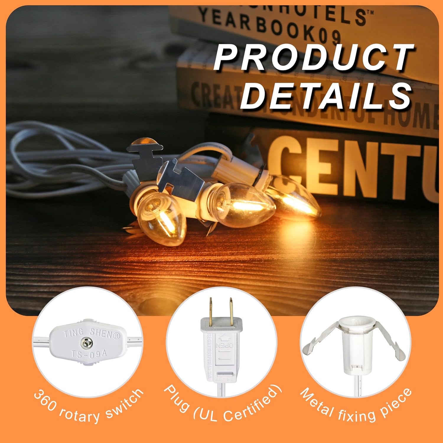Cable de accesorio LED con 3 bombillas LED C7, base de candelabro E12, cable blanco con interruptor de encendidoapagado, luz de pueblo de Navidad