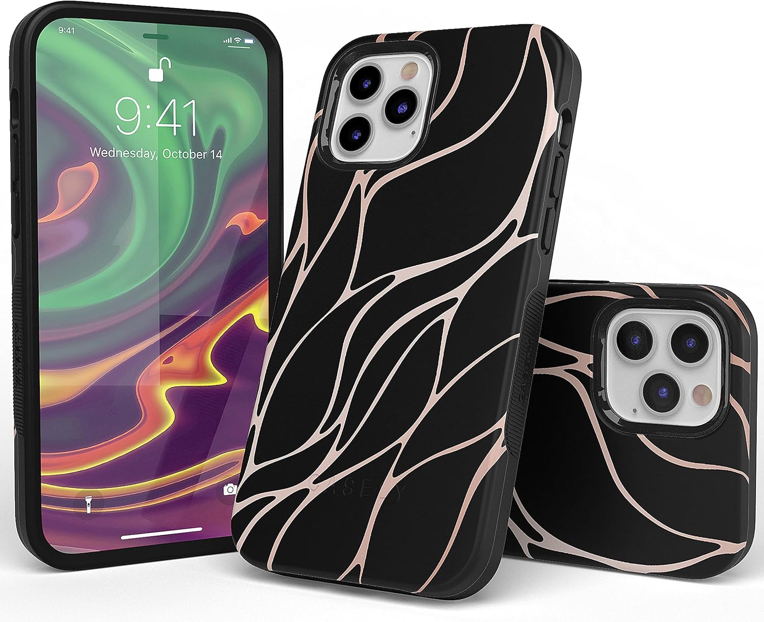 Casely Funda para iPhone 1212 Pro  Funda de ondas metálicas negras y doradas con cobertura de 360 grados para tu teléfono, recortes precisos,