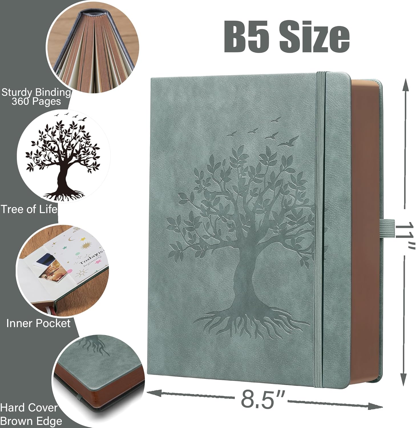 Cuaderno de diario grueso con bolígrafo, 360 páginas de papel de 3.53 ozm, borde rociado marrón, diario para escribir cuaderno de rayas B5, tapa