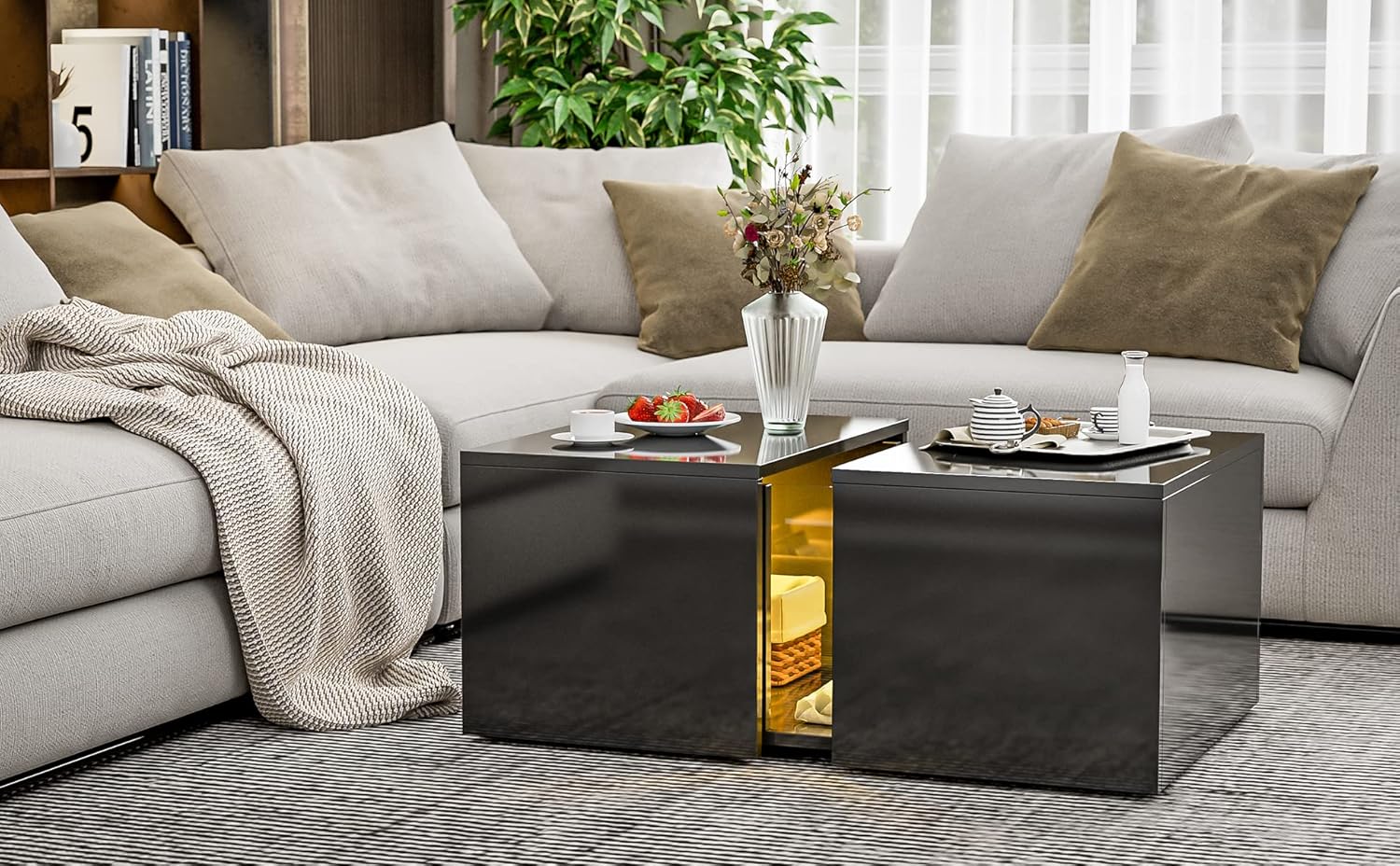 Moderna mesa de centro LED con compartimento oculto retráctil, tamaño pequeño, mesa auxiliar de almacenamiento de sofá de alto brillo para sala de